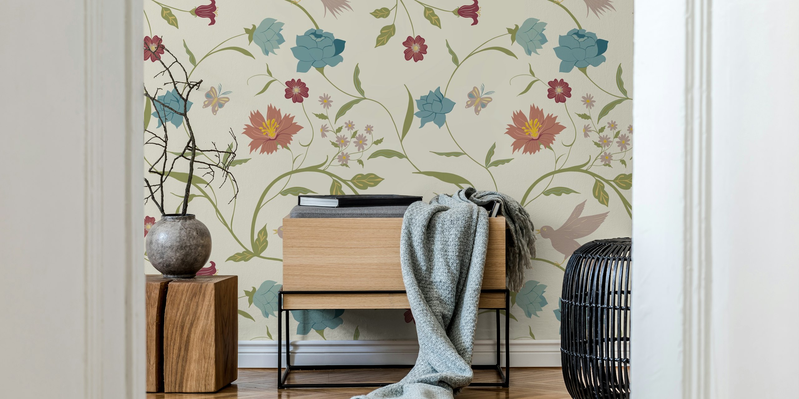 Vintage floral wallpaper with birds, blue and pink flowers, cream background