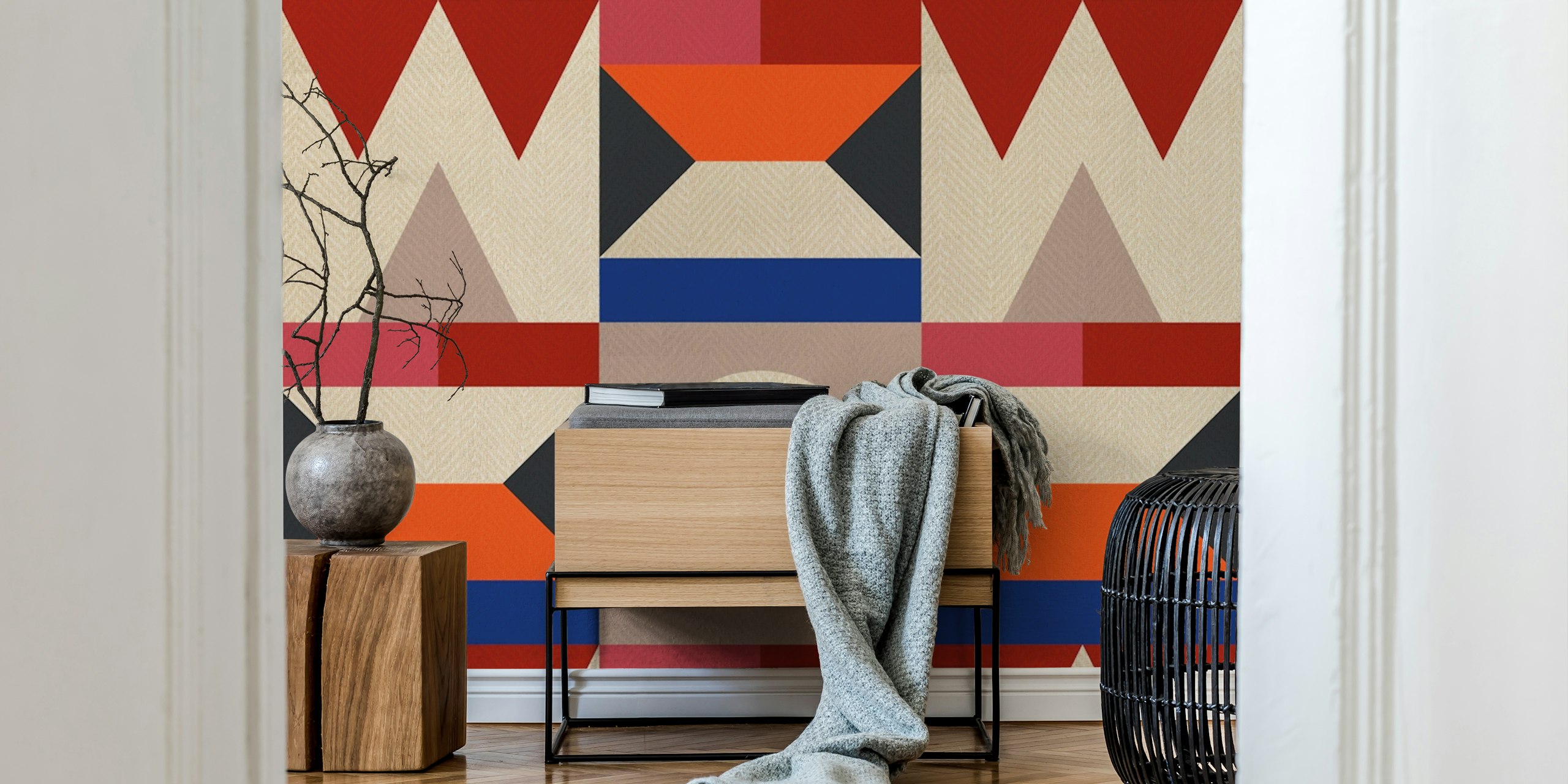 Geometric pattern with red, blue, and beige shapes wallpaper