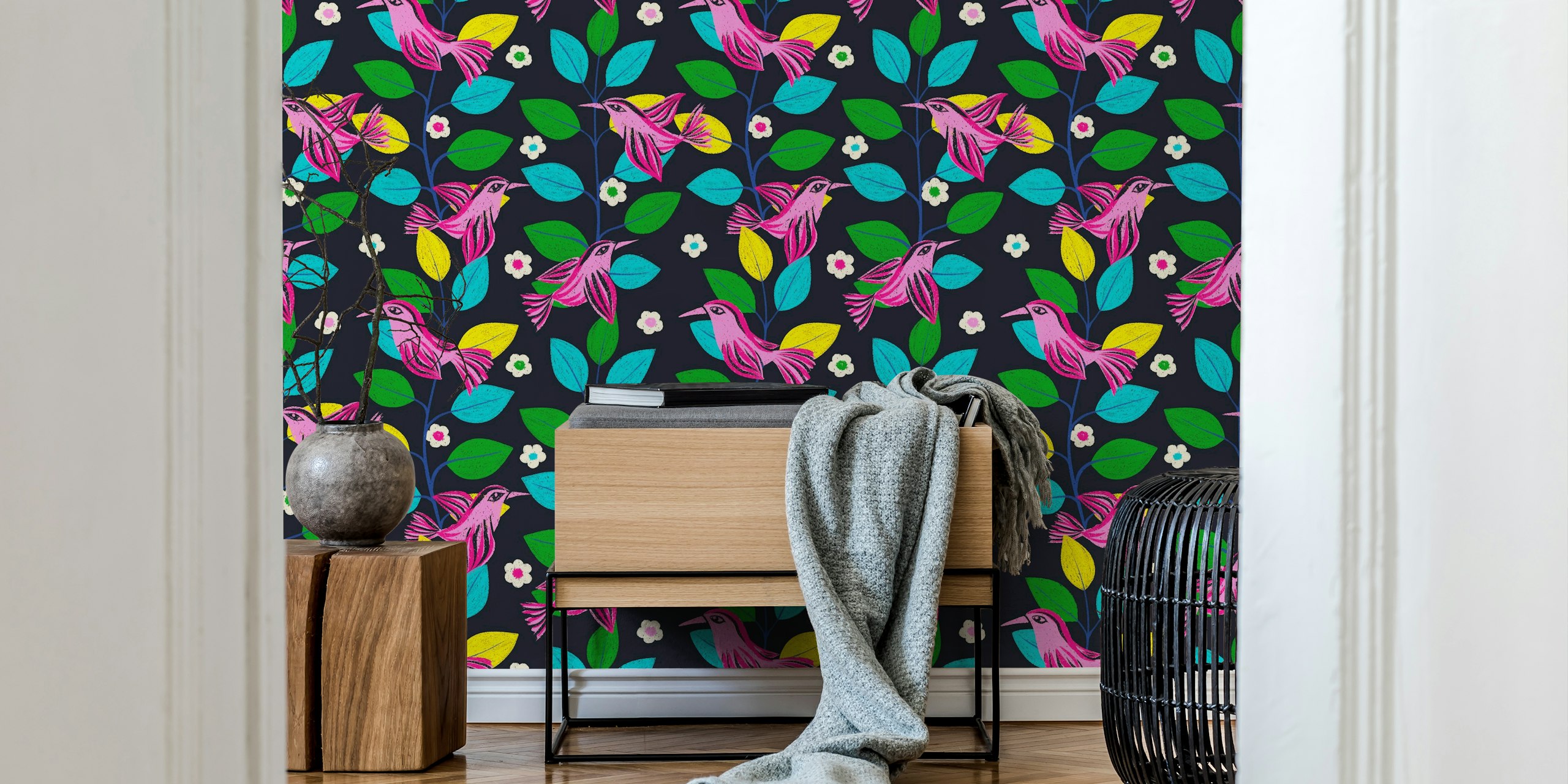 Colorful birds among bright green and yellow leaves with white flowers wallpaper