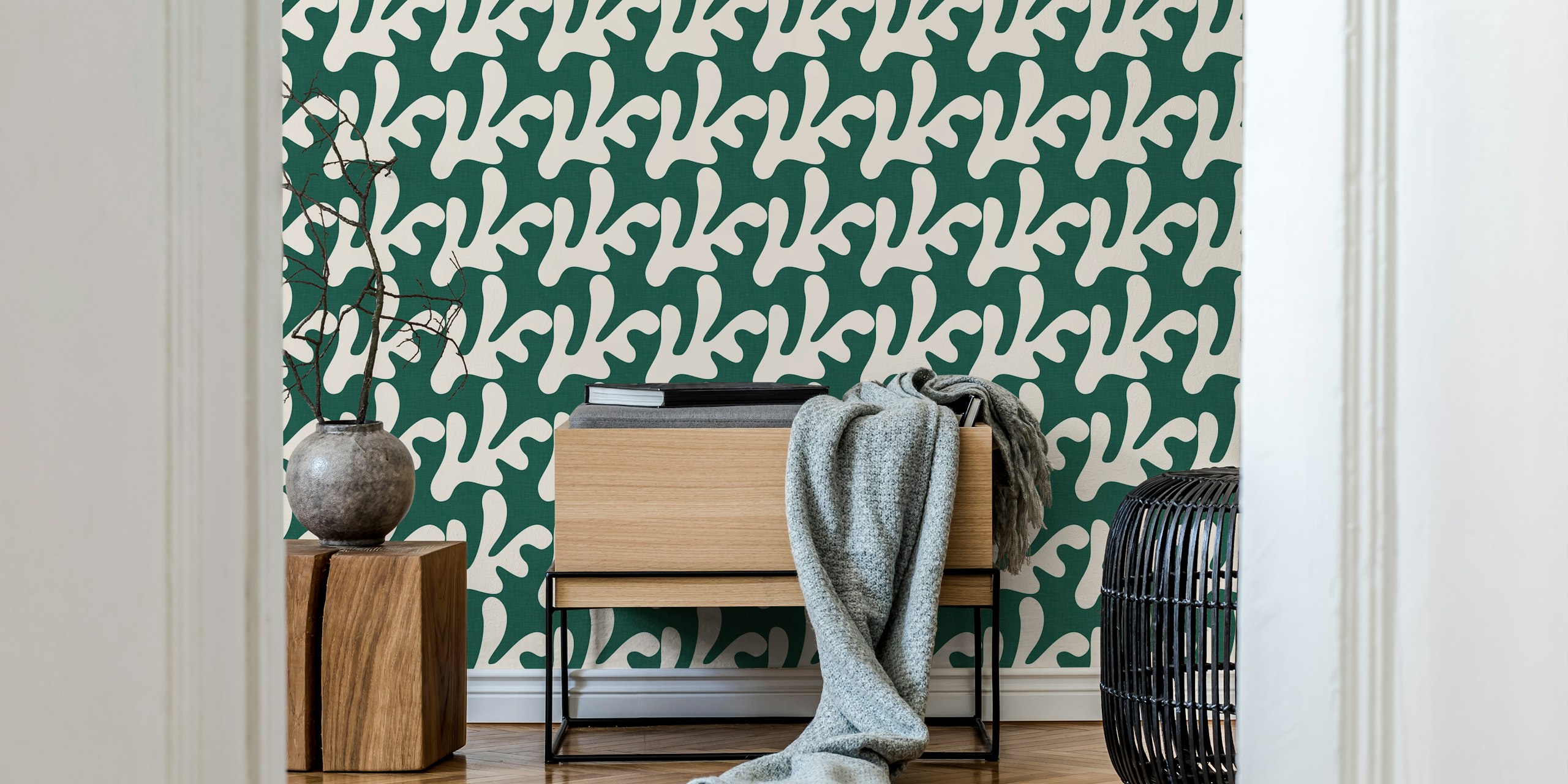 Retro tropical leaf wallpaper in a room setting