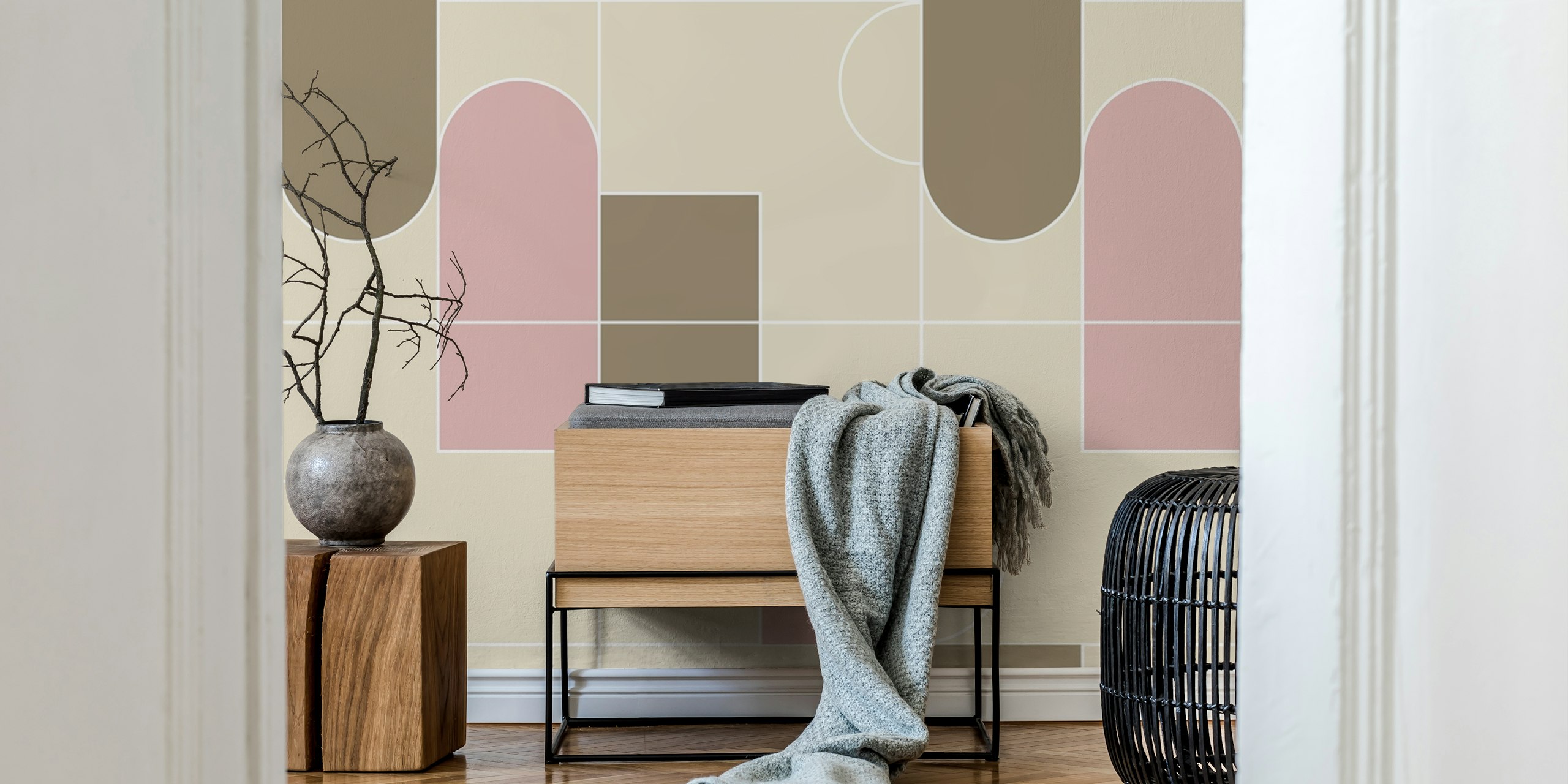 Geometric patterns in soft pink and beige tones wallpaper