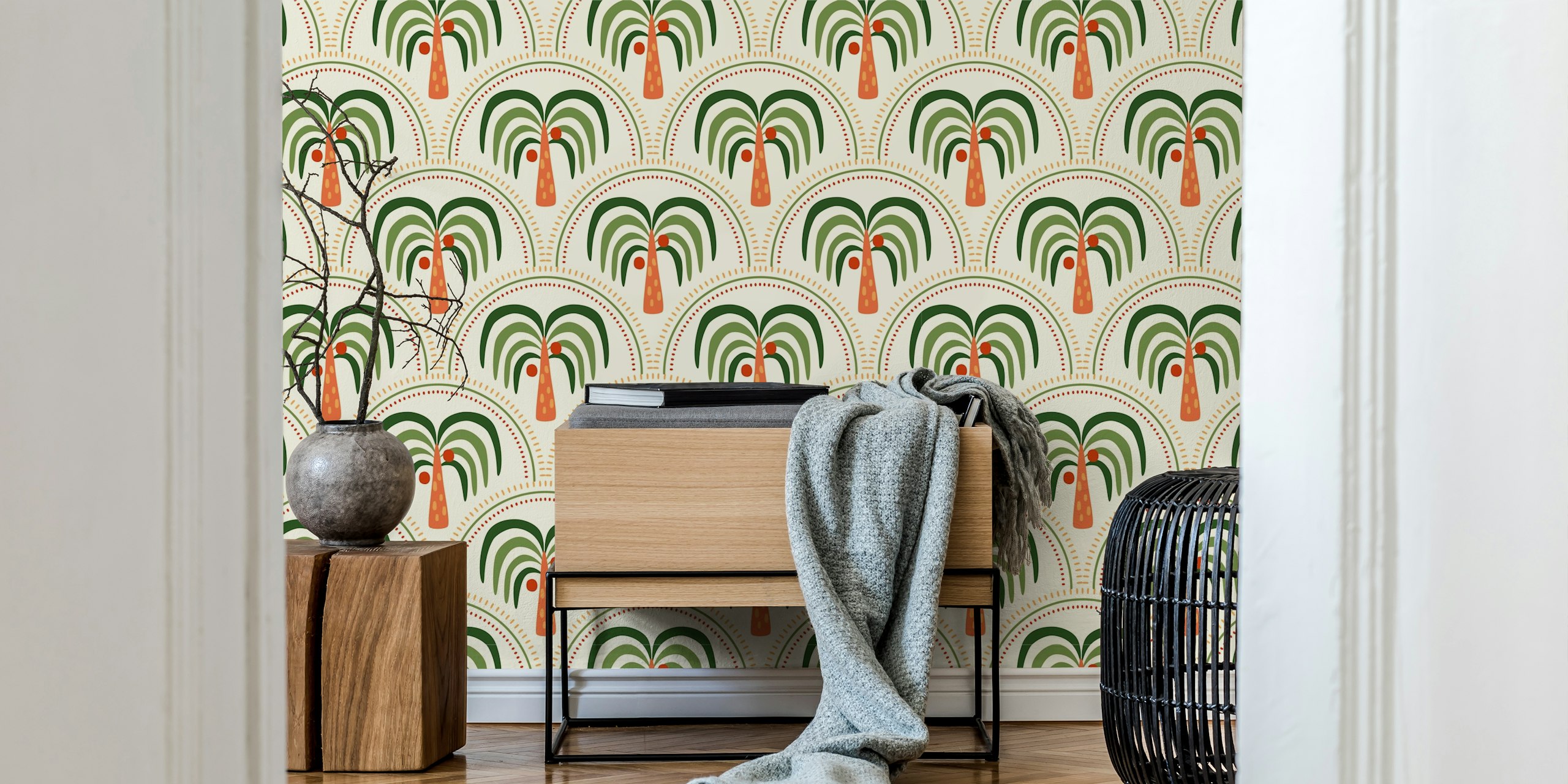 Tropical palm trees with green fronds and orange trunks wallpaper