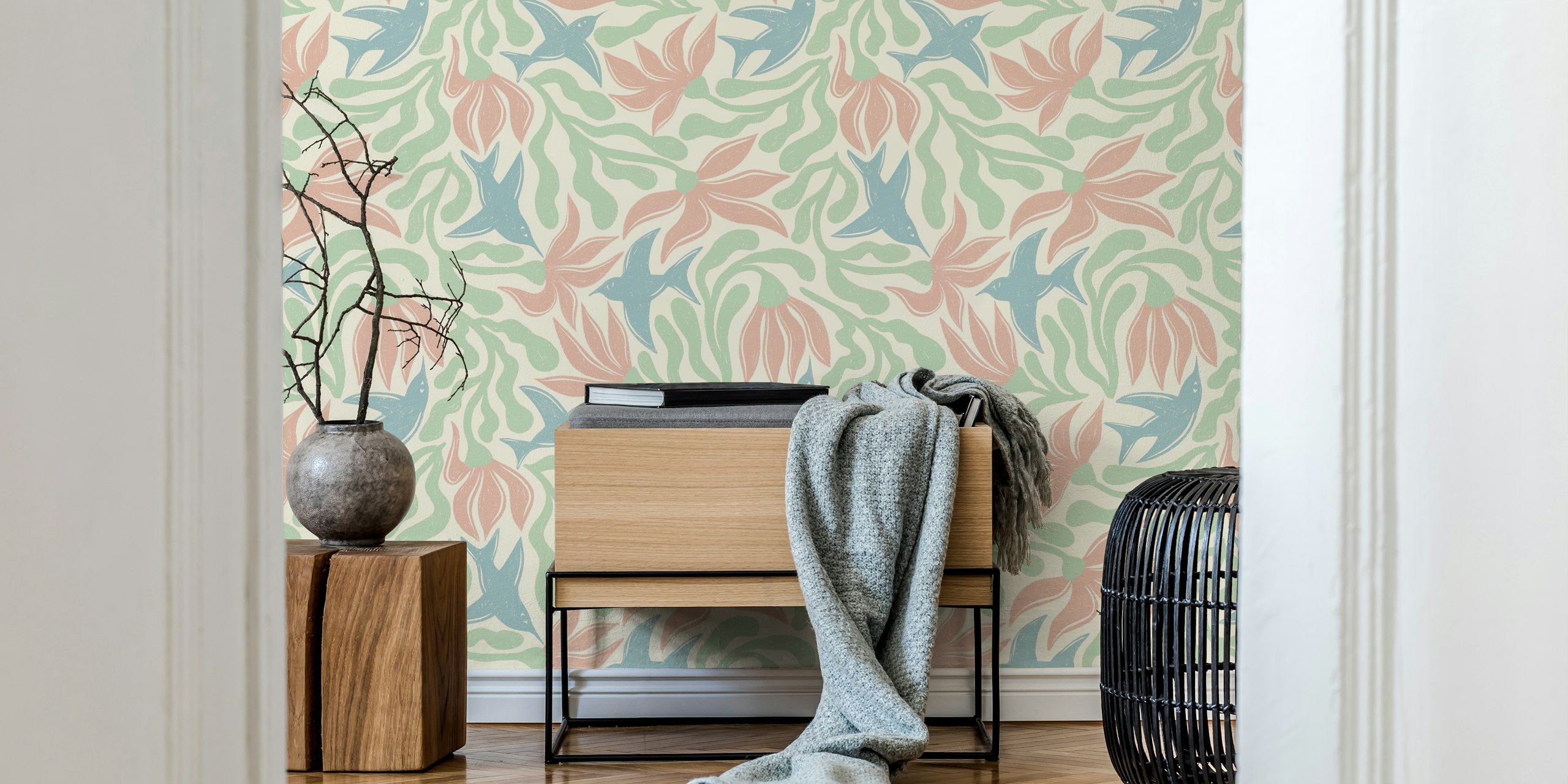 Pastel abstract wallpaper design with flowers and birds