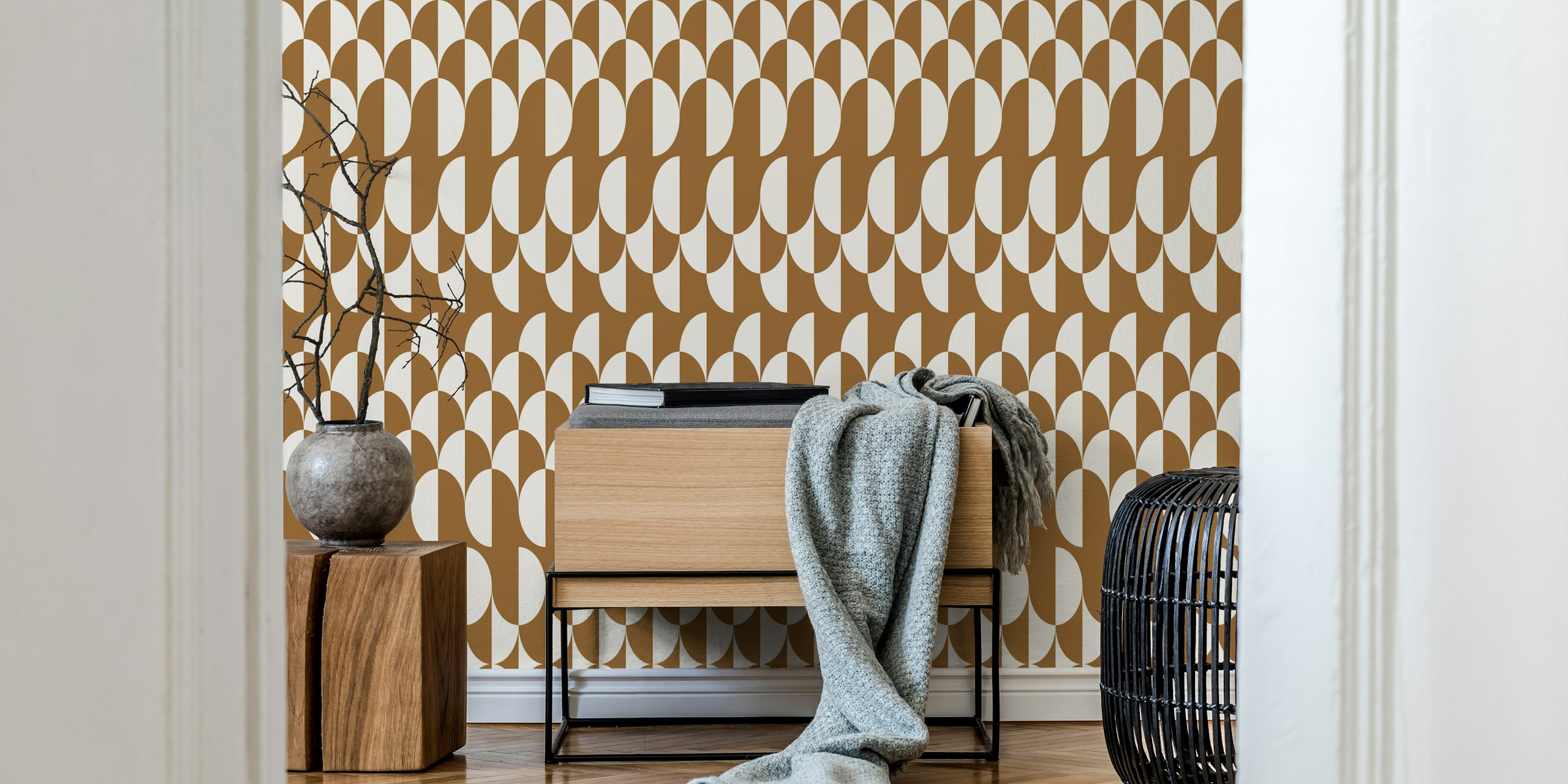 Brown geometric arcs and white shapes in art deco wallpaper