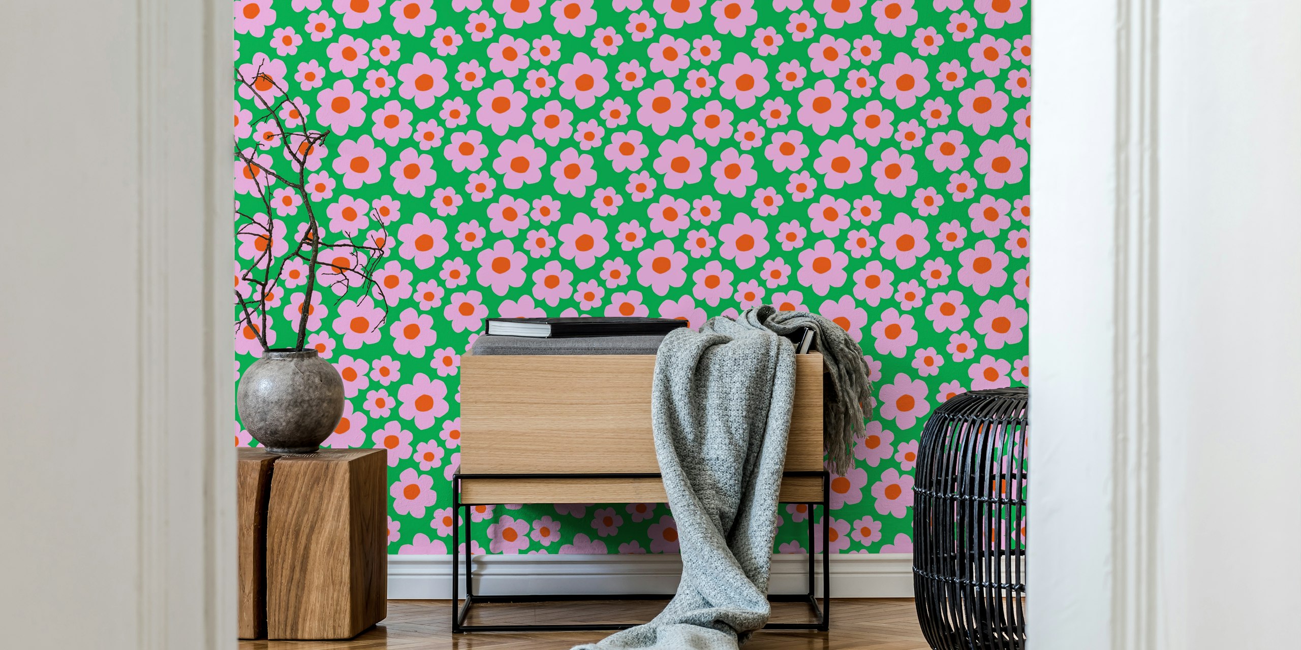 Colorful pink flowers on a green background wallpaper