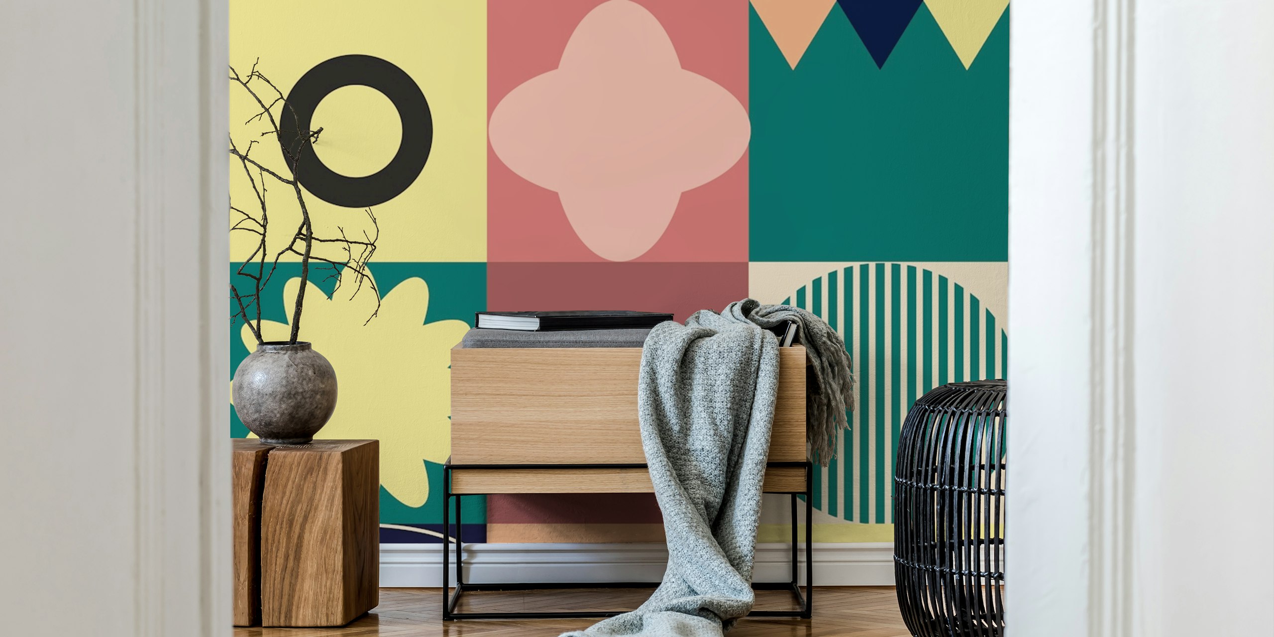 Geometric pattern wallpaper with pink, teal, and cream colors