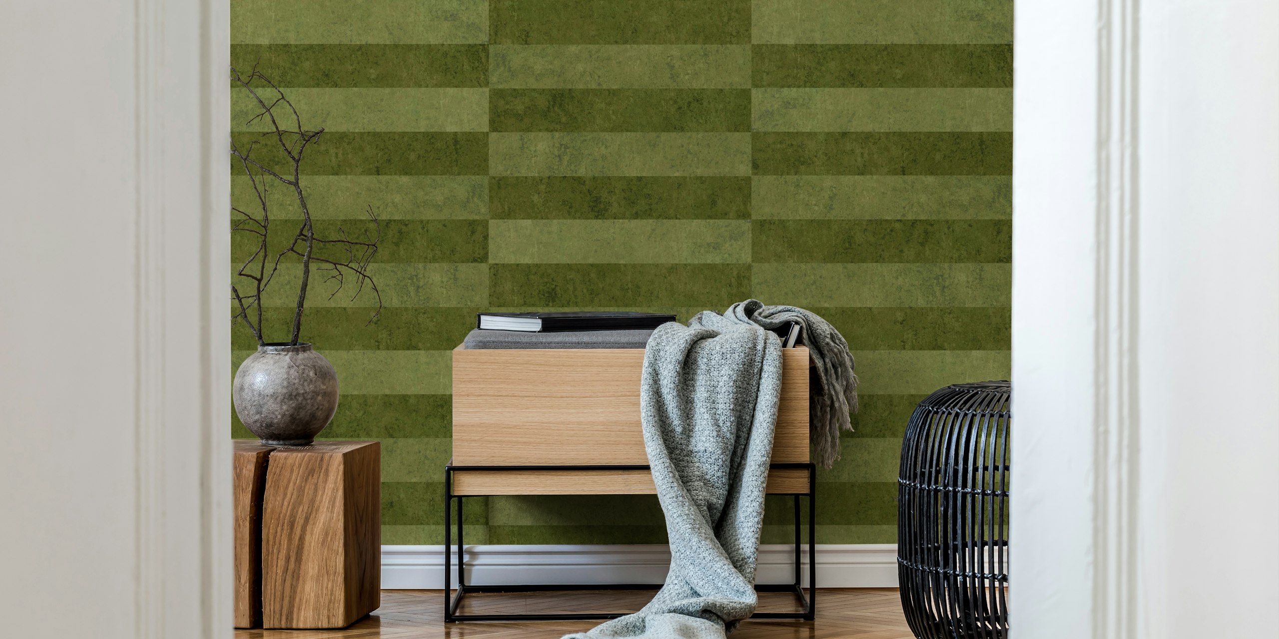 Olive green staggered stripes wallpaper in a room