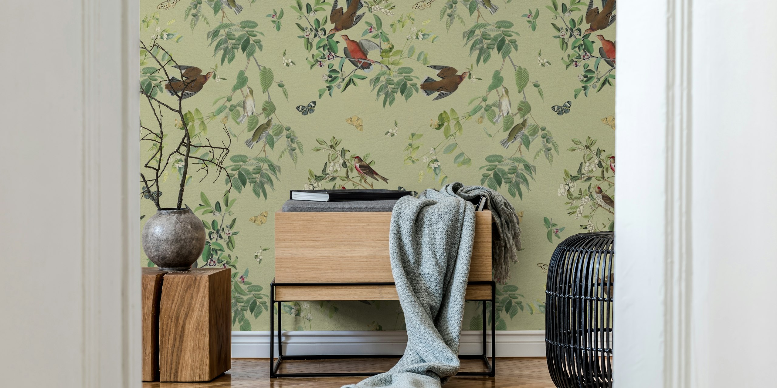 Wings and Flora Charm Olive Green Tapeteanzeige