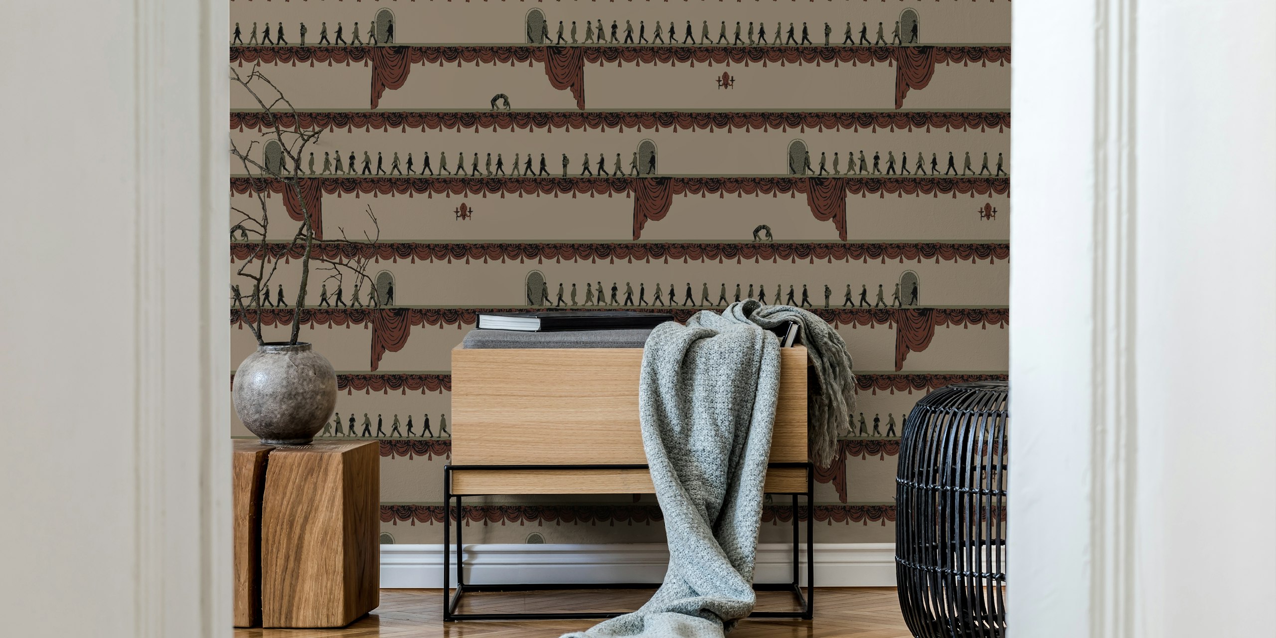 Theater scene wallpaper depicting silhouettes of performers in dark colors with draped curtains.