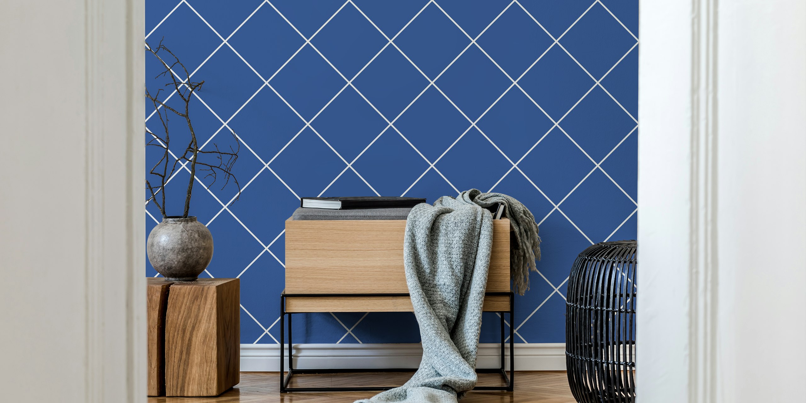 Geometric faux tile pattern in beige and blue wallpaper