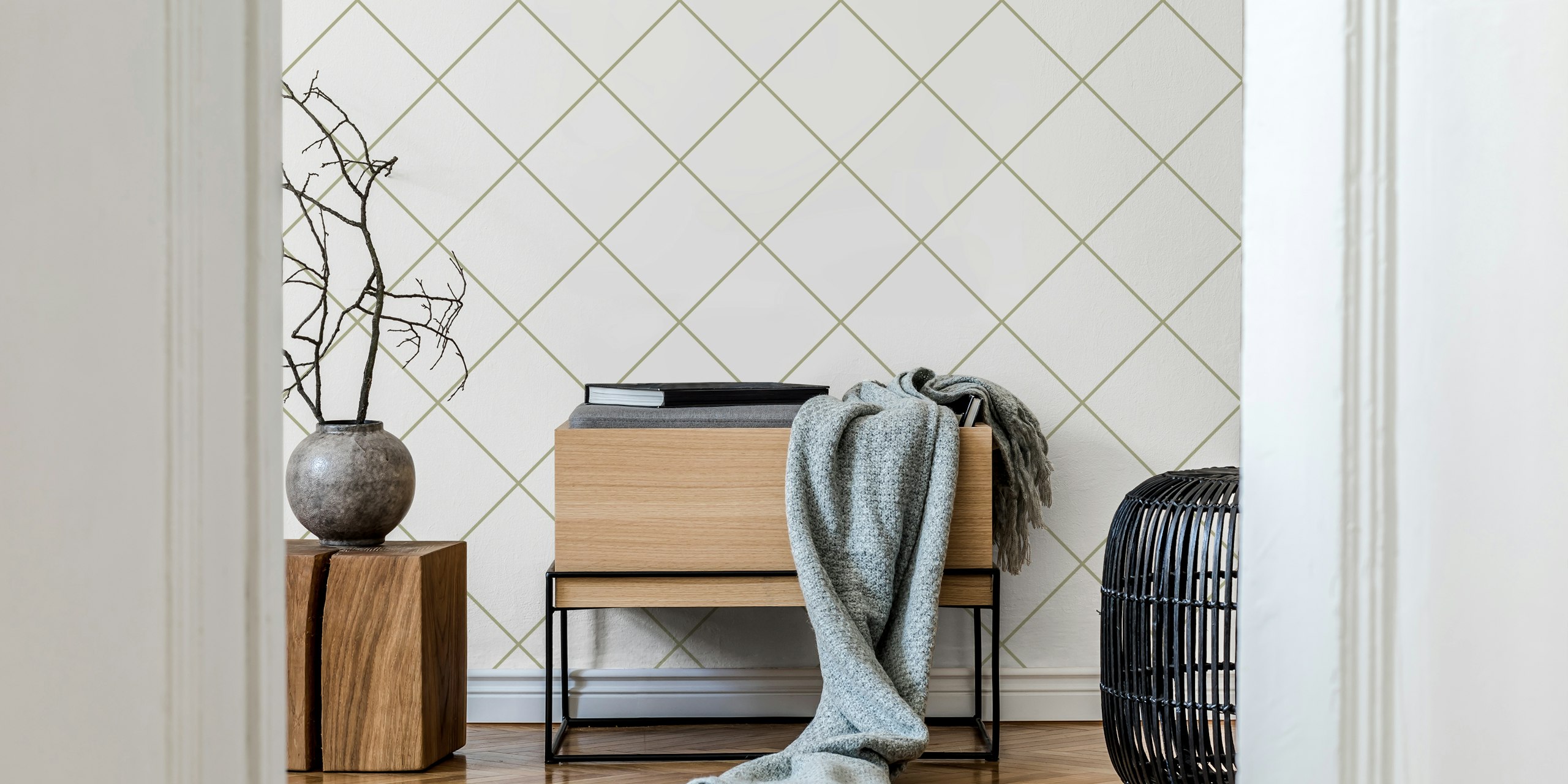 Faux Tile Grid Sage Green Beige wallpaper in a room