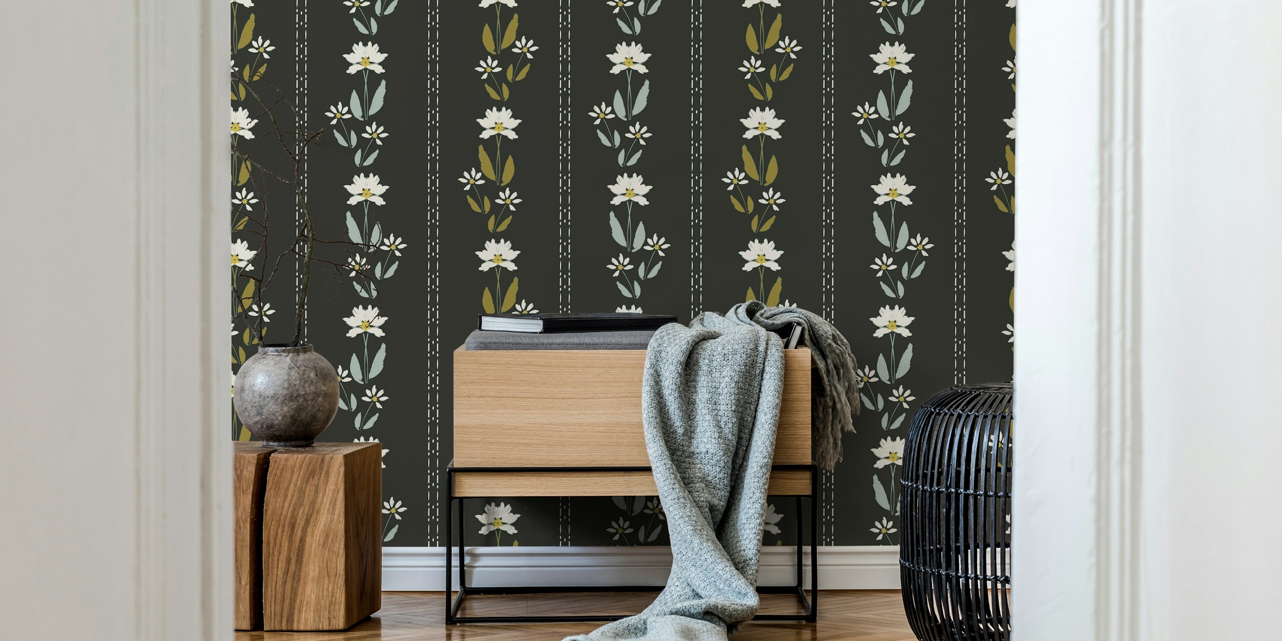 Folk Floral Classic Stripe Black carta da parati in una stanza