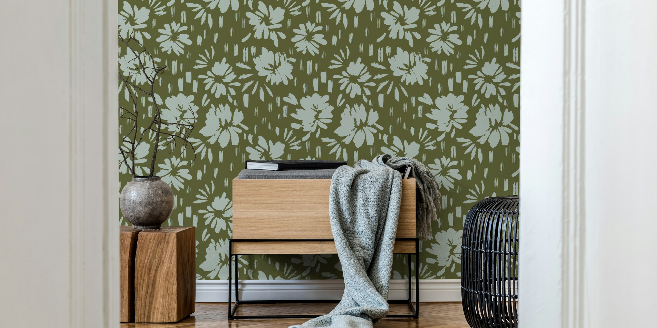 Green floral brush strokes wallpaper with light blue flowers