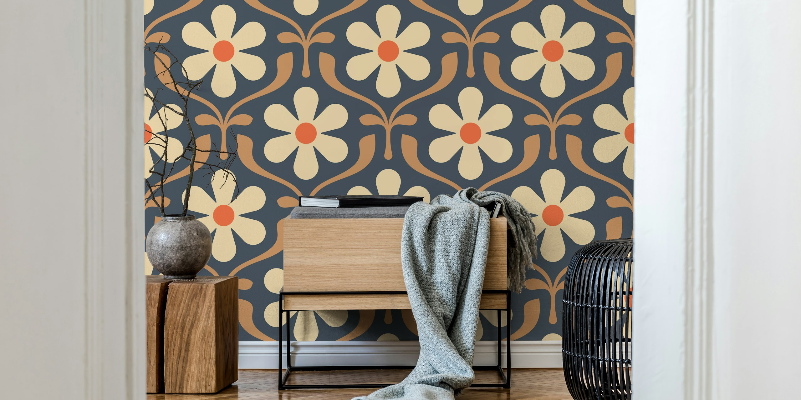 Floral pattern with beige flowers and orange accents on blue background wallpaper
