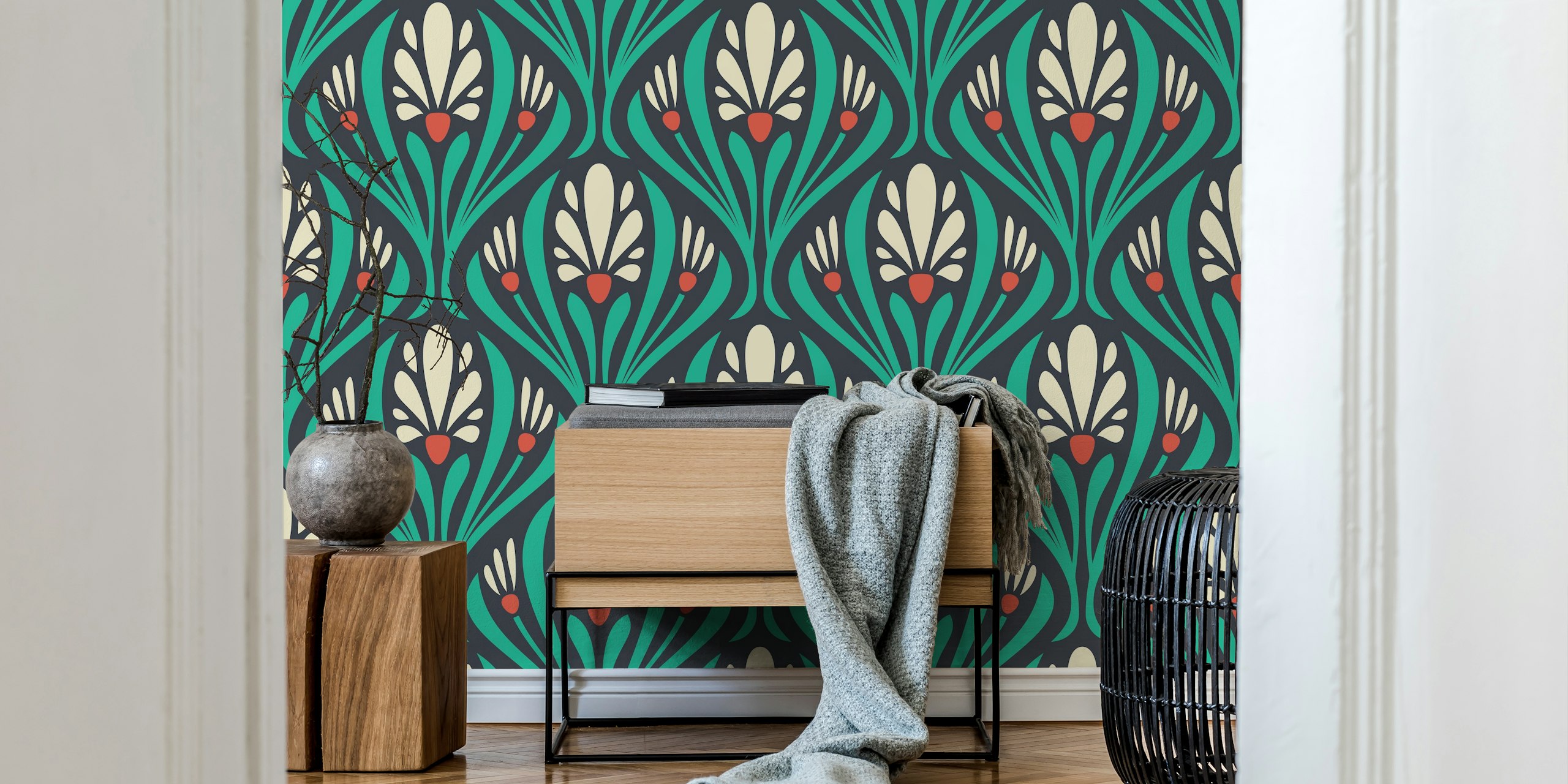 Art Nouveau Floral in Green wallpaper in a room