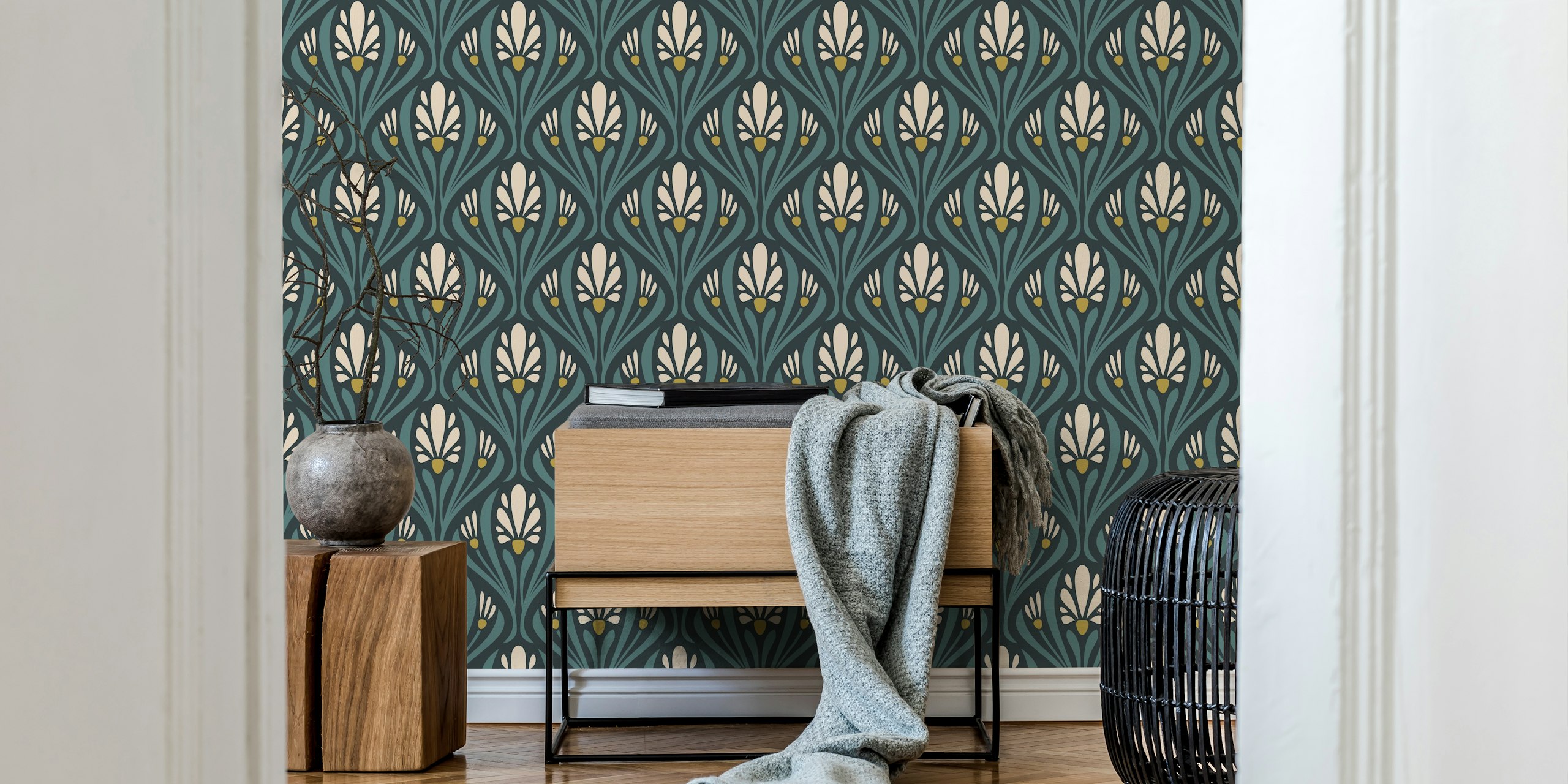 Art Nouveau floral design featuring green and yellow flowers wallpaper
