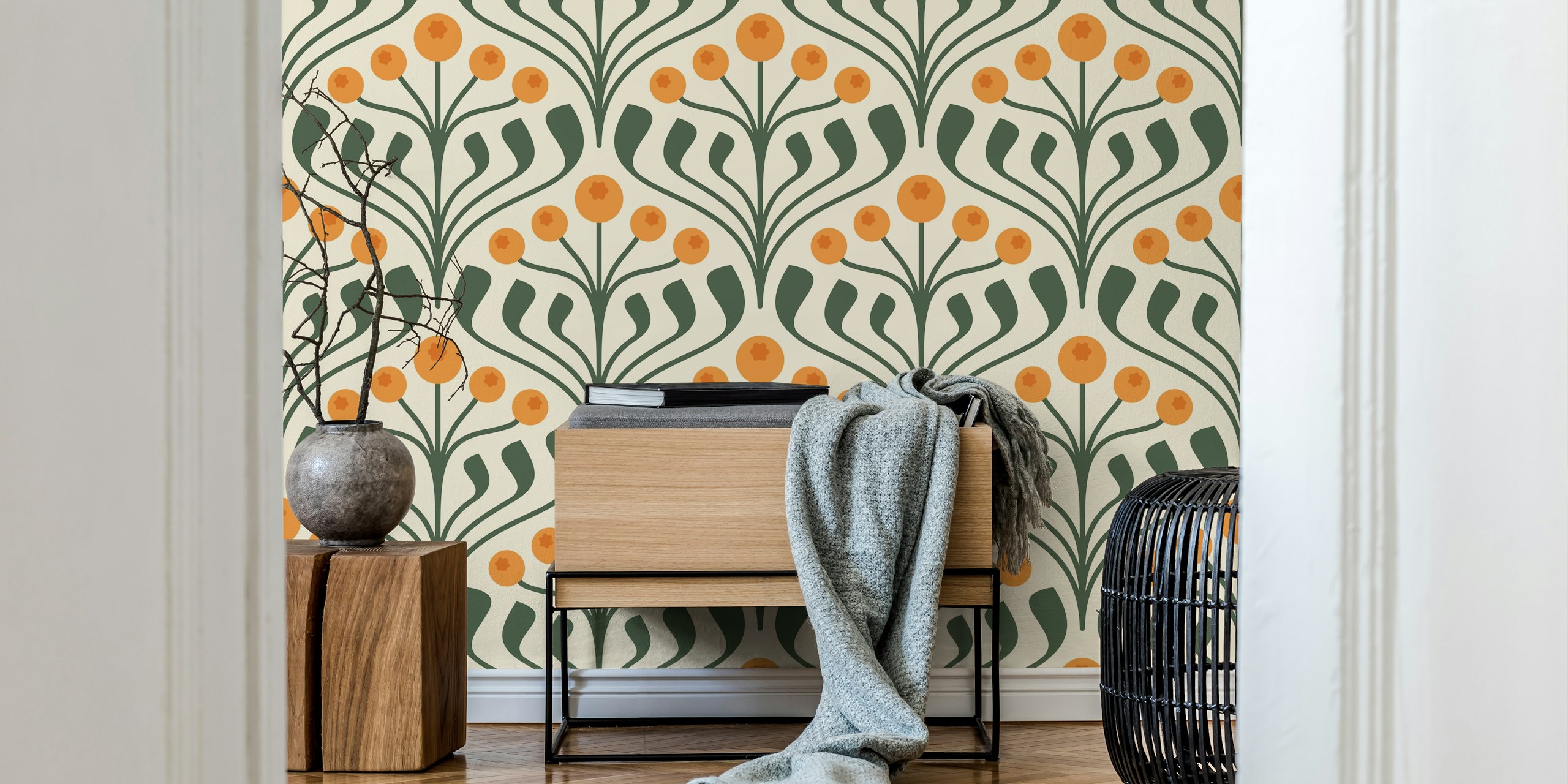 Elegant berry motif wallpaper in a room