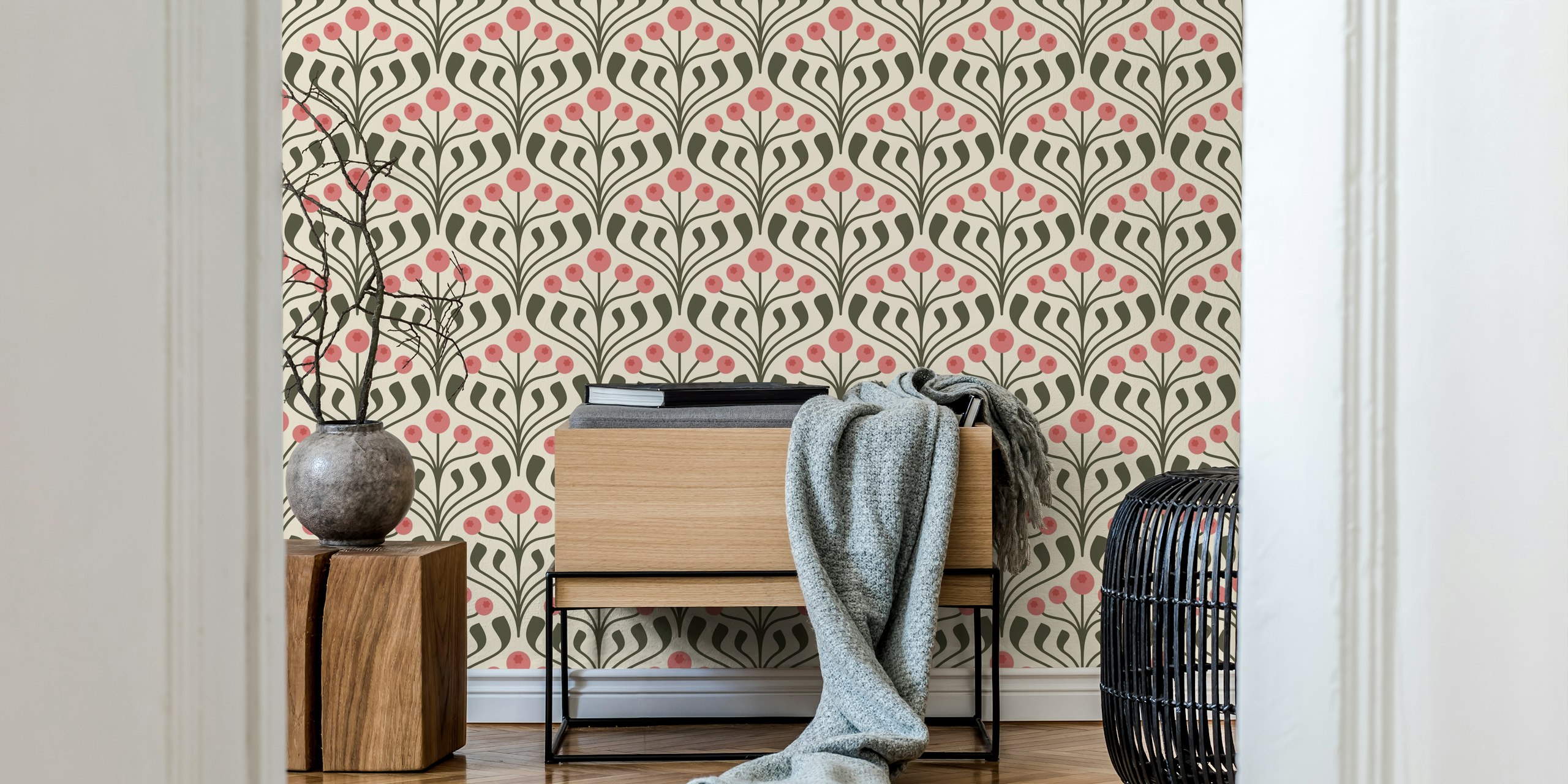 Pink and green floral motif wall mural wallpaper