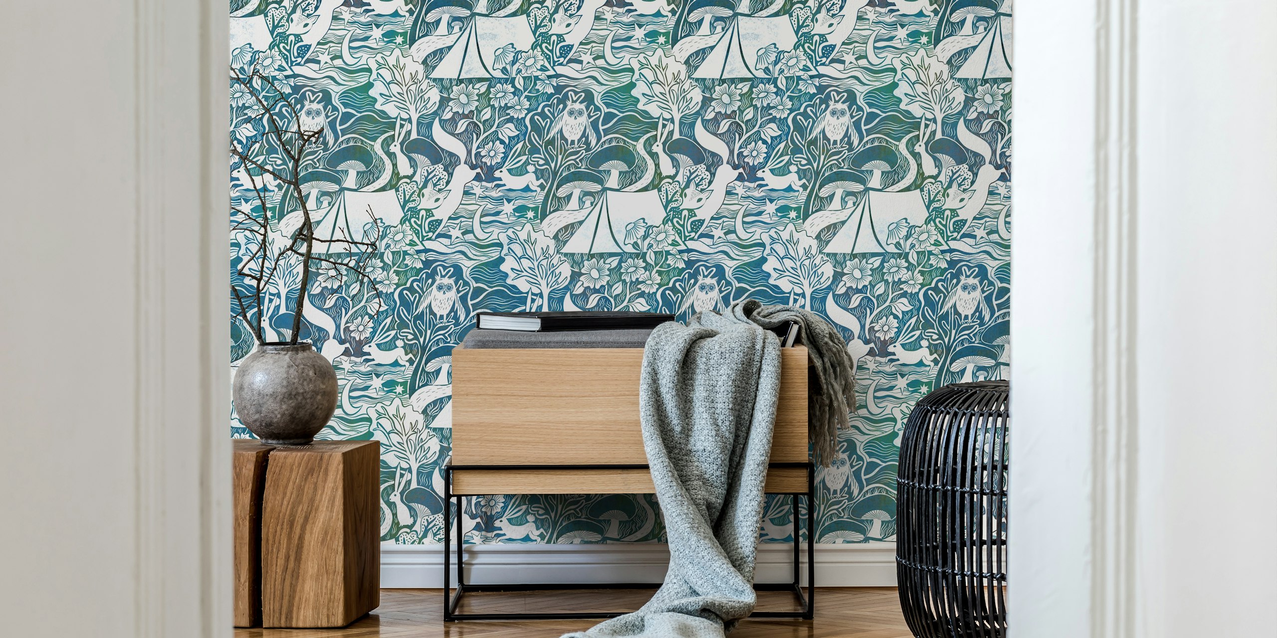 Campsite adventures blockprint wallpaper in a room