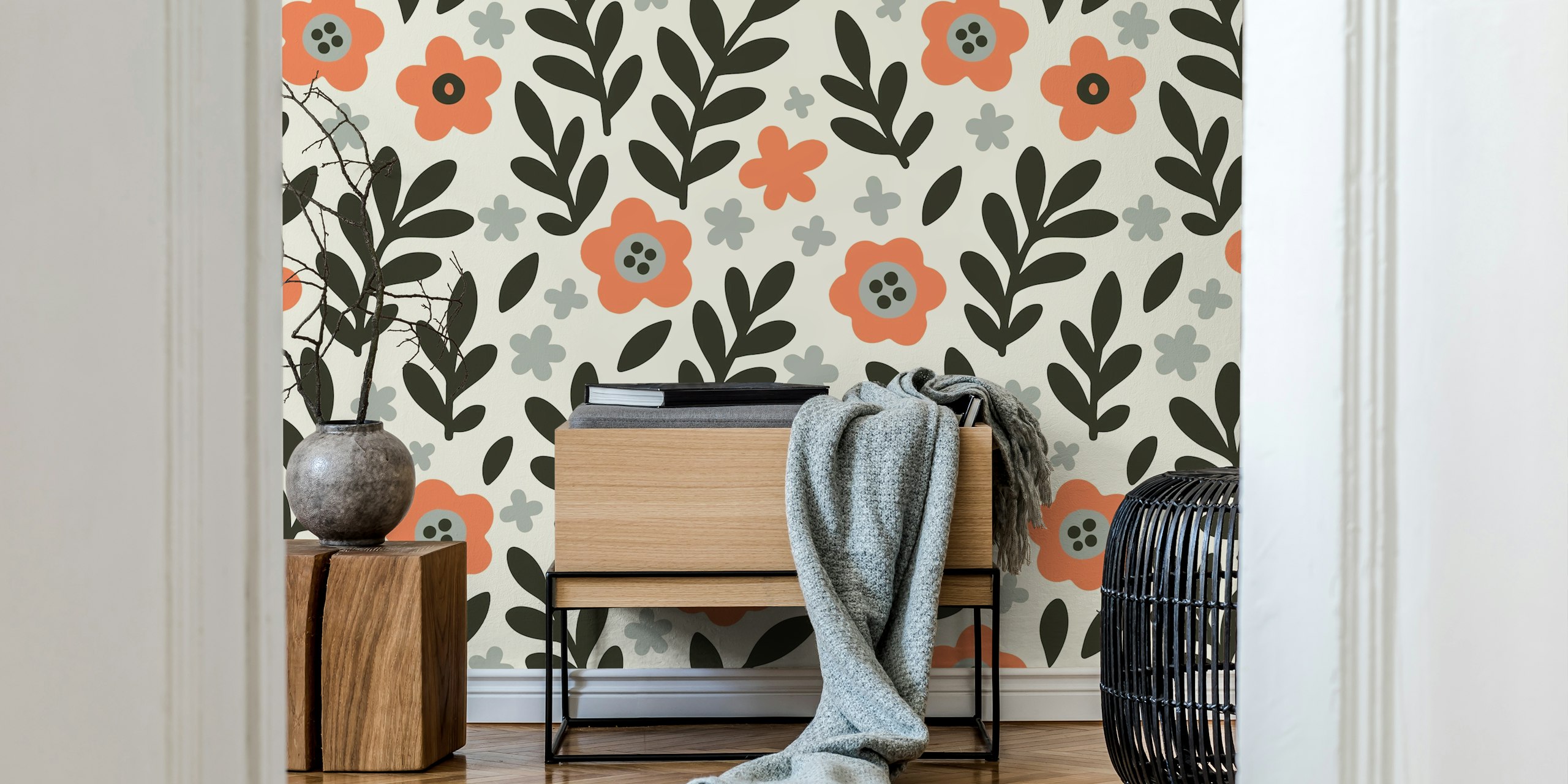 Spring collage flowers wallpaper in a room