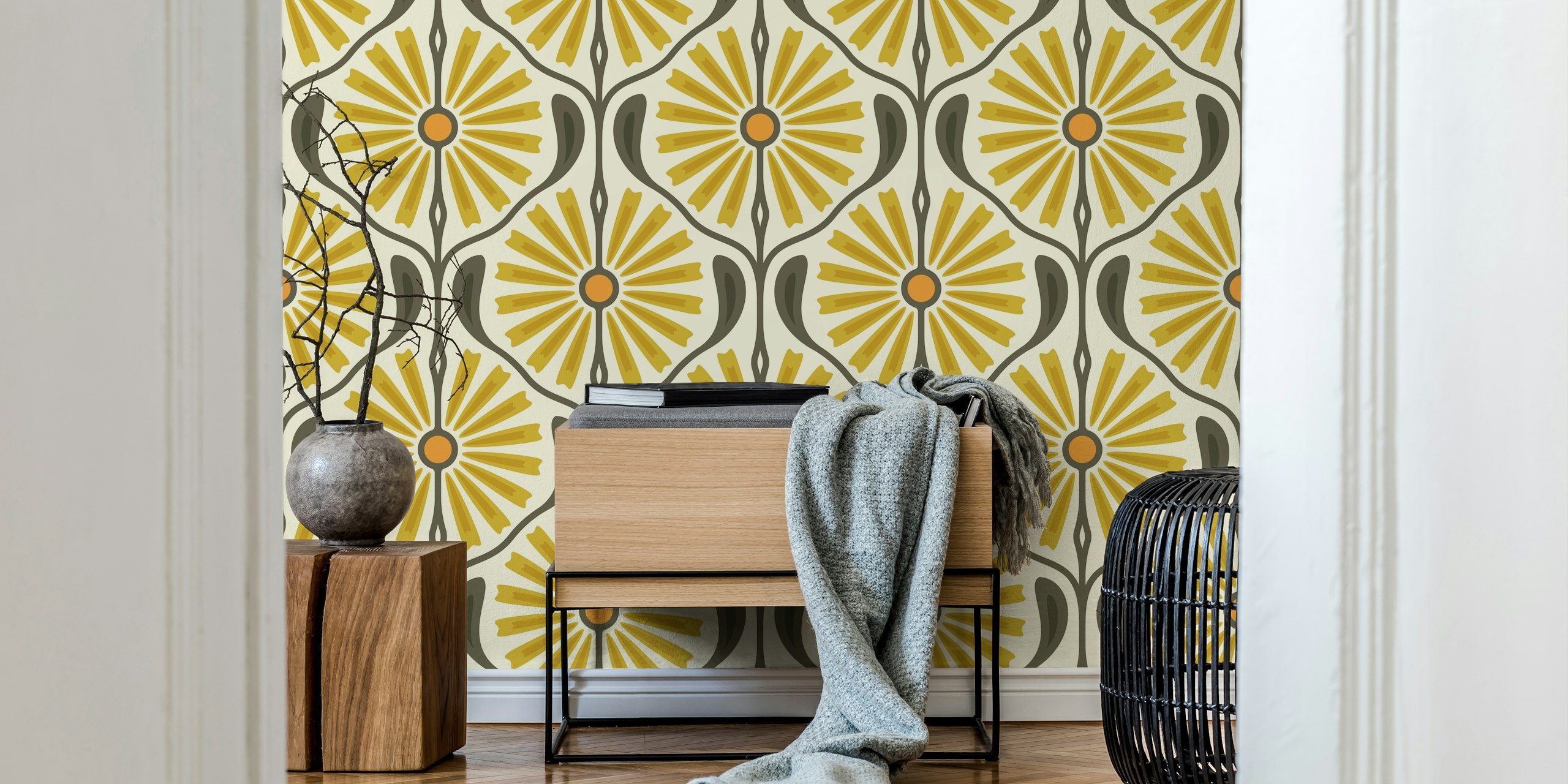 Retro Sunburst Charm in Yellow wallpaper design
