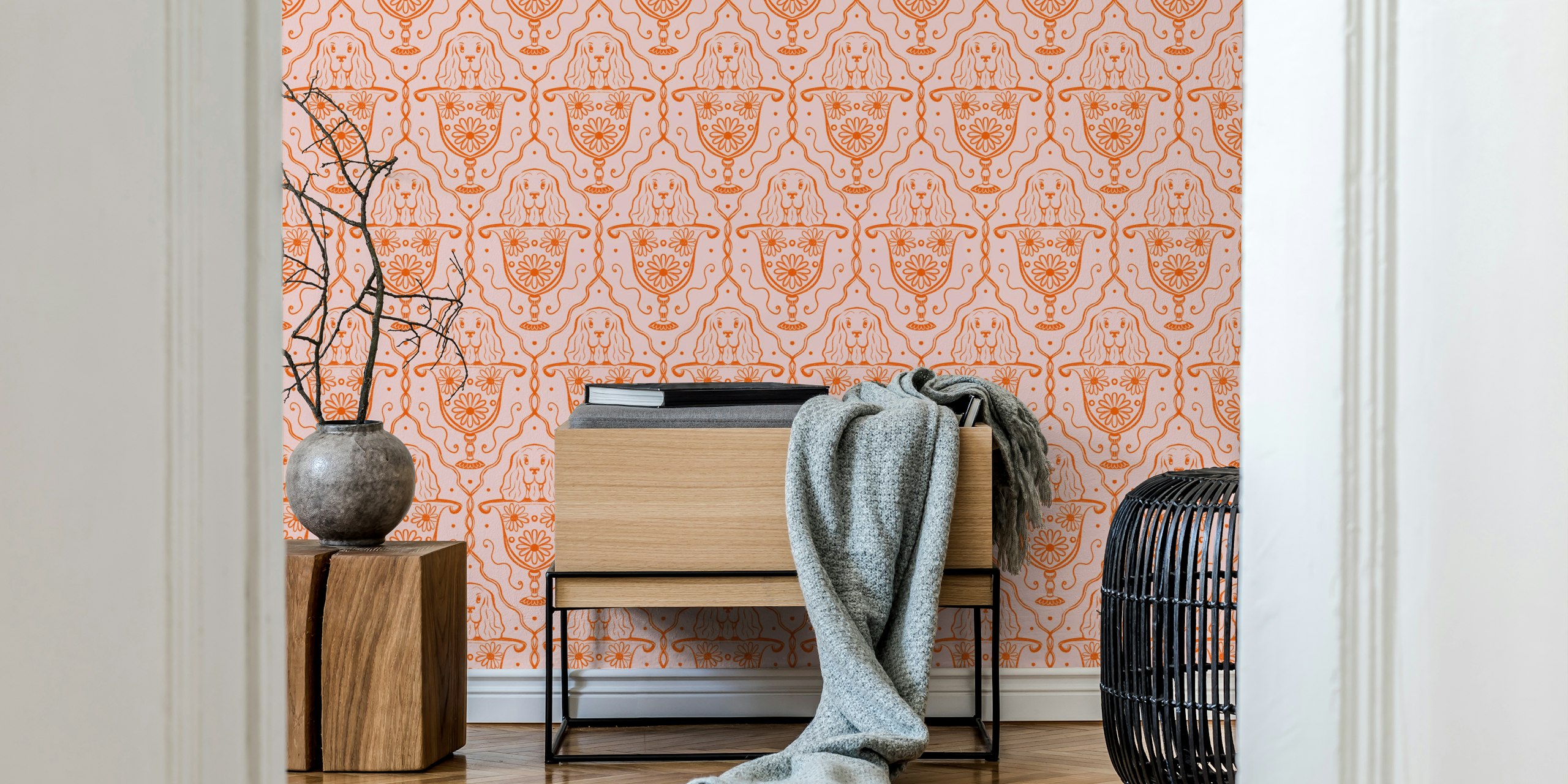 Floral vase and dog cute wallpaper in a room