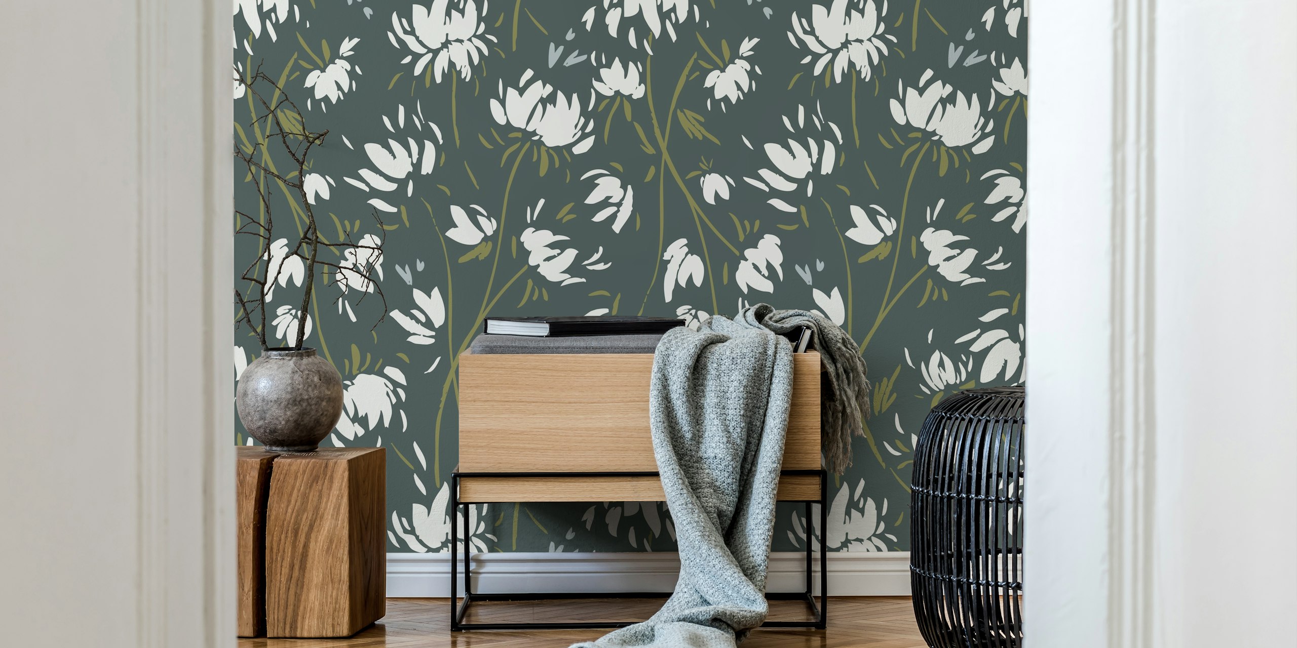 White floral vines on navy background wallpaper