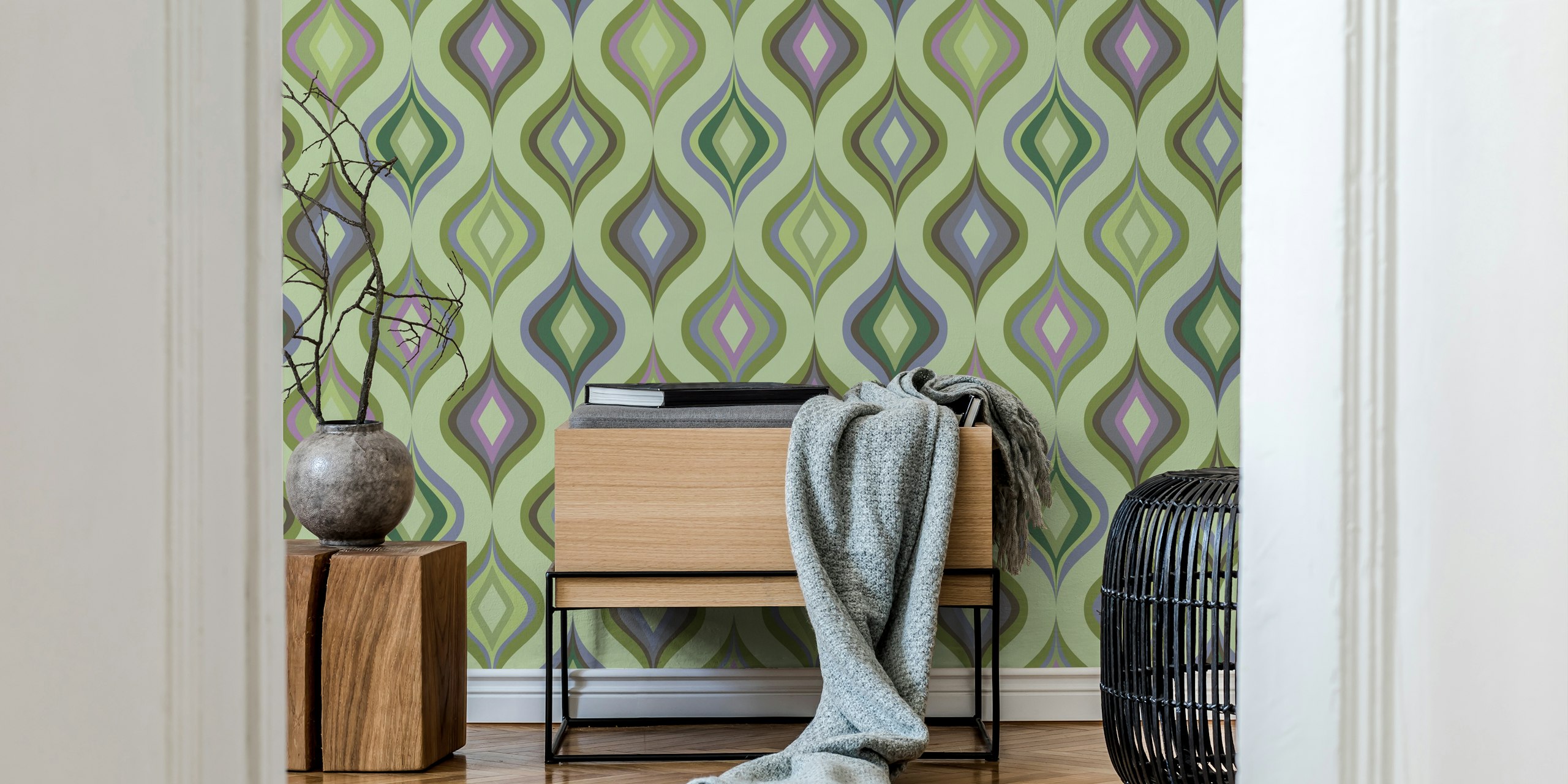 70's Retro Curvilinear Green tapet i et rum