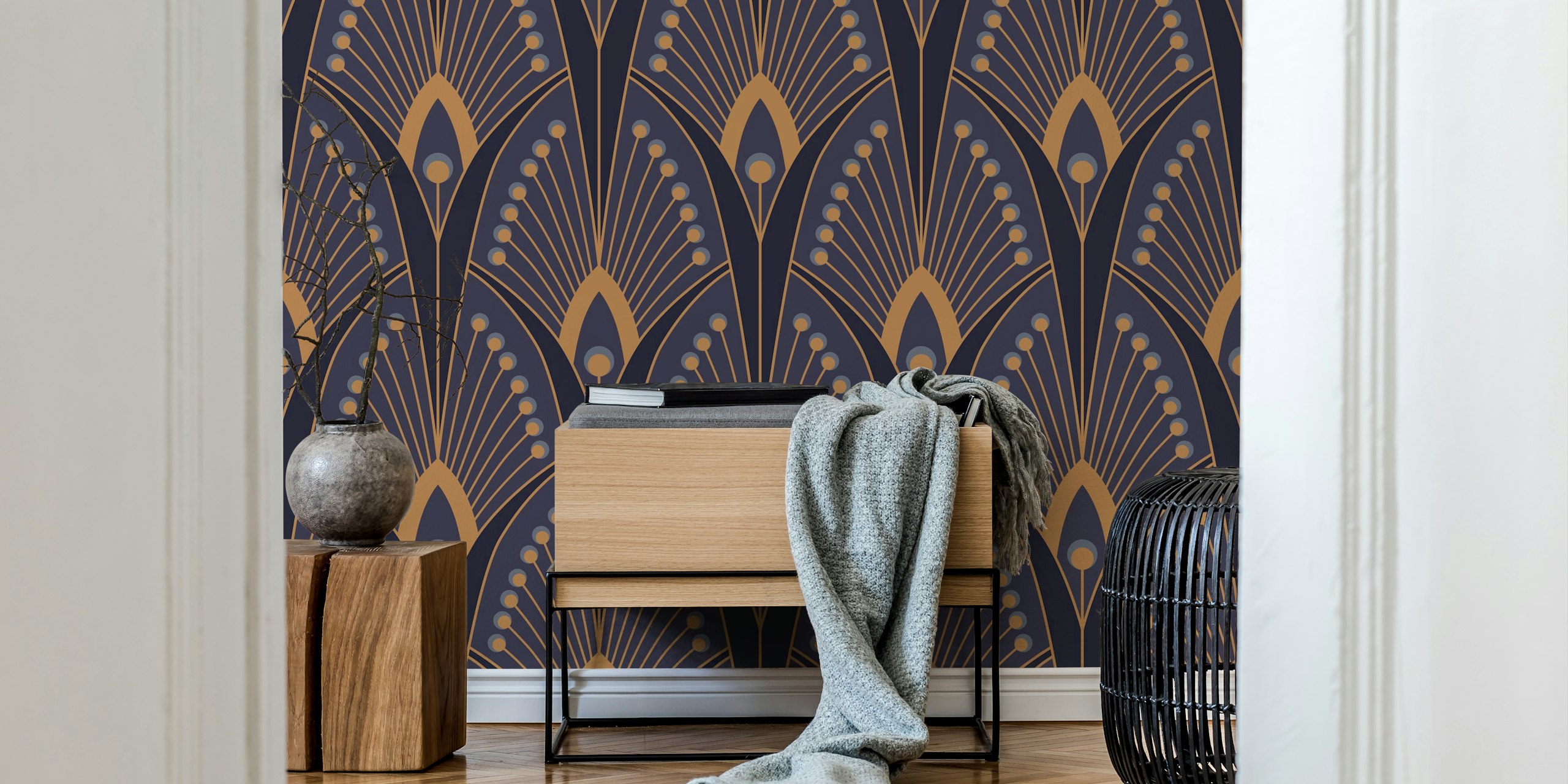 Geometric patterns in dark blue and gold tones wallpaper