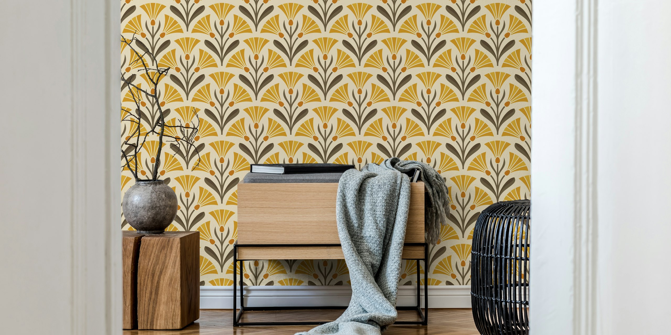 Art Deco floral wallpaper in yellow and brown