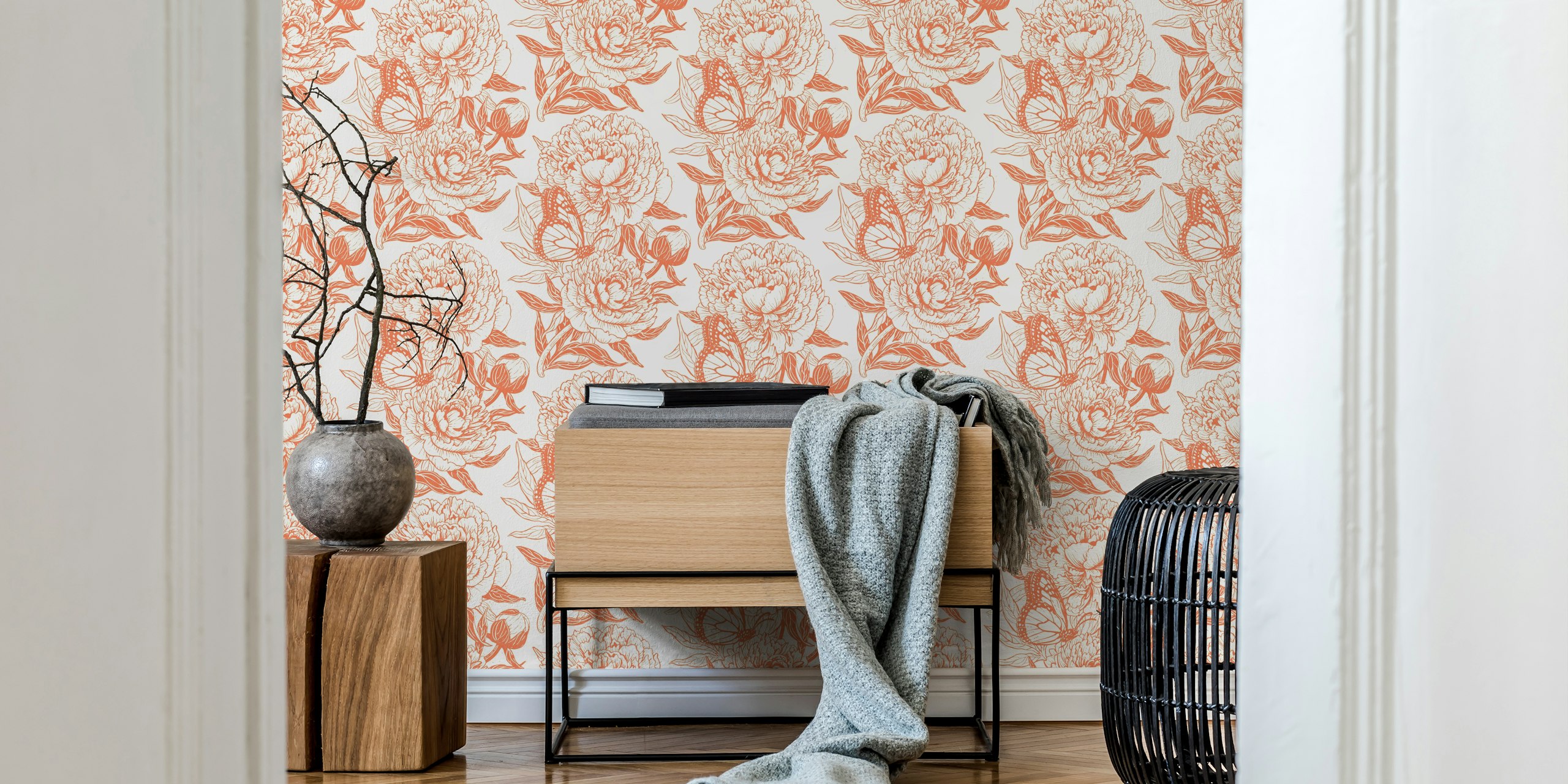 Floral wallpaper featuring peonies and butterflies in coral color on cream background