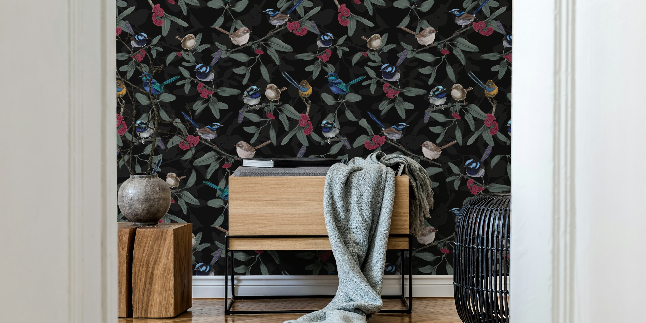 Colorful wrens and leaves on black background wallpaper