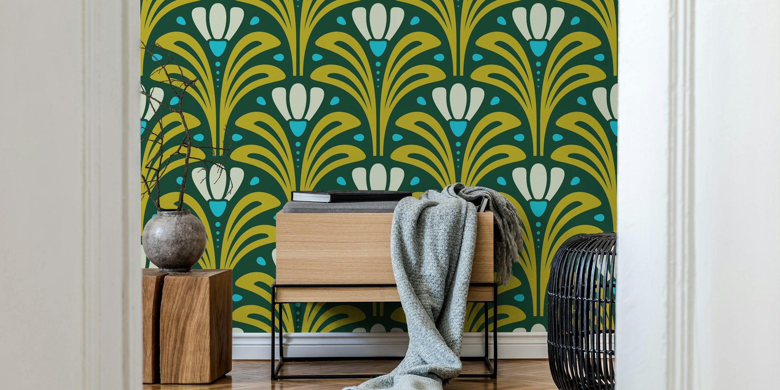 Mid-Century Blossoms wallpaper in a room