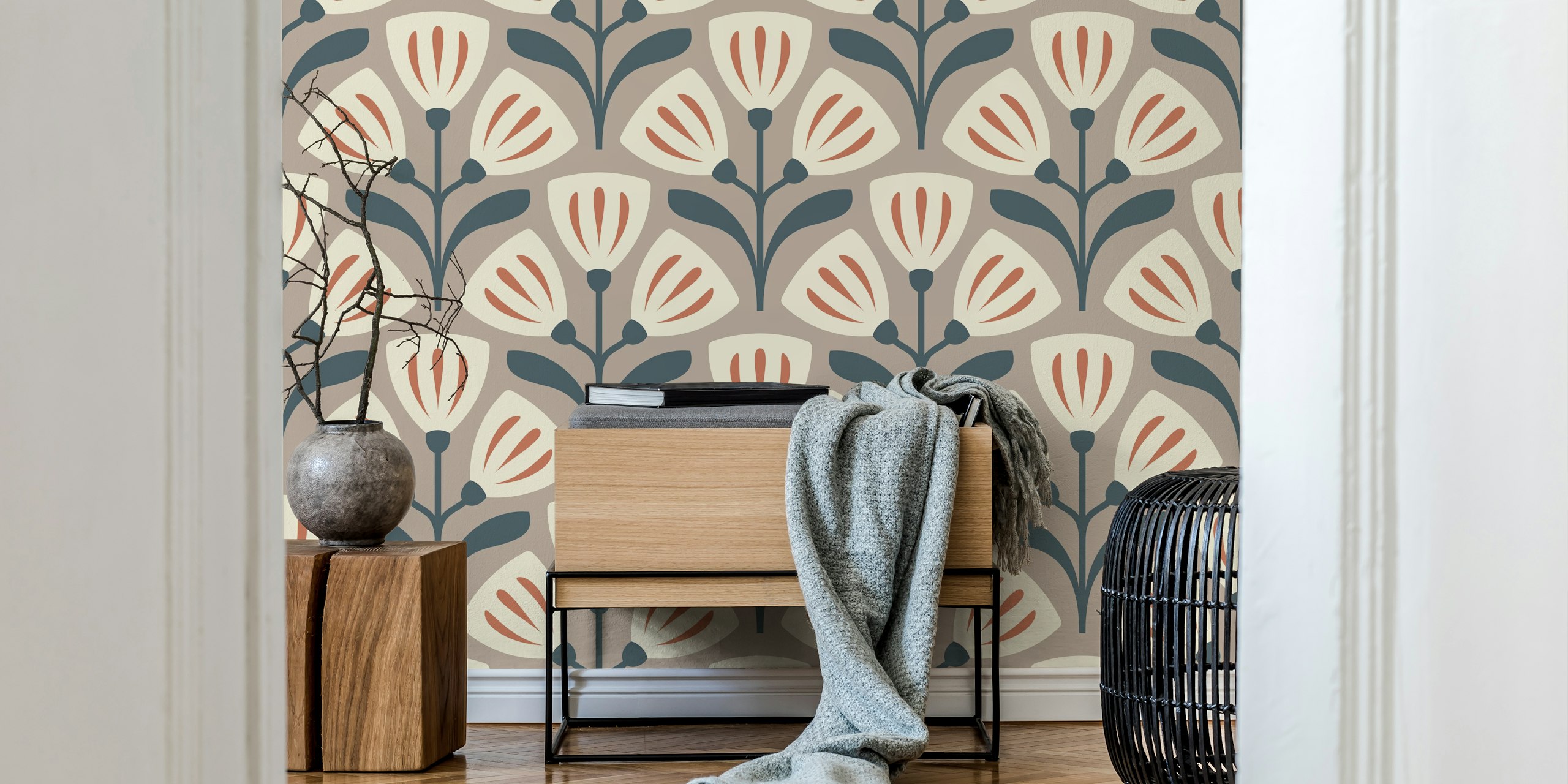 Vintage Bellflower Charm in Brown wallpaper in a room