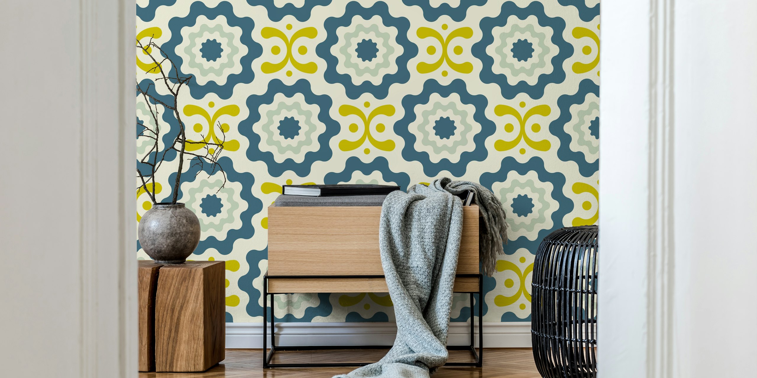 Funky geometric teal green wallpaper in room