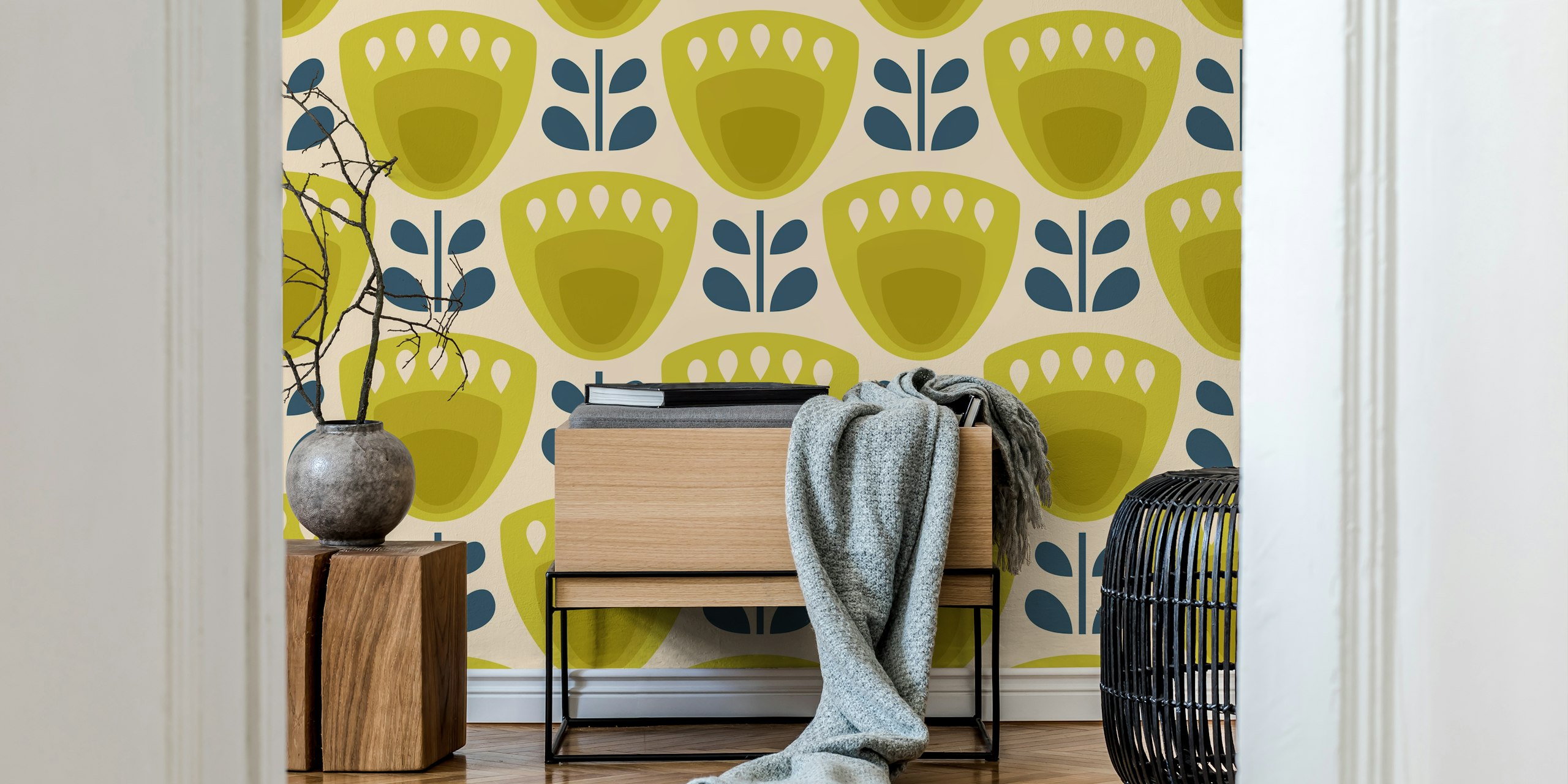 Ταπετσαρία Mid-Century Tulips in Green στο δωμάτιο