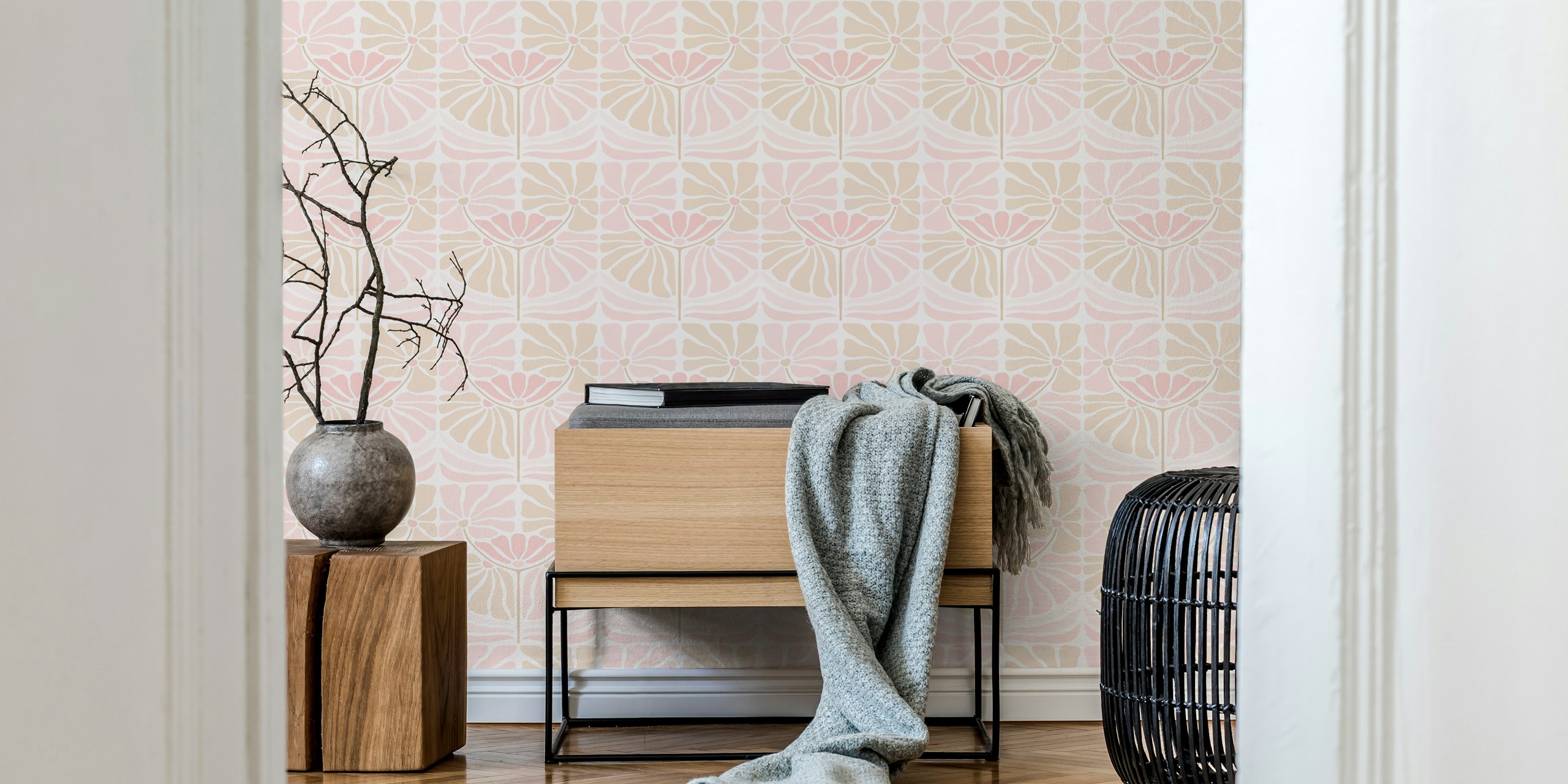 Retro floral wallpaper with pink and beige patterns