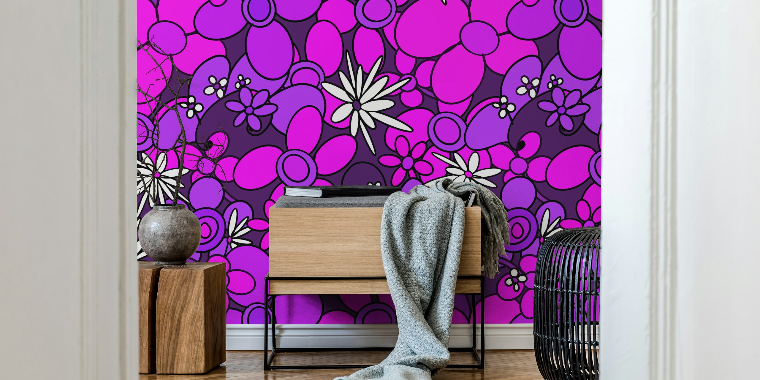 Wzorzysta tapeta retro z kwiatami w pokoju