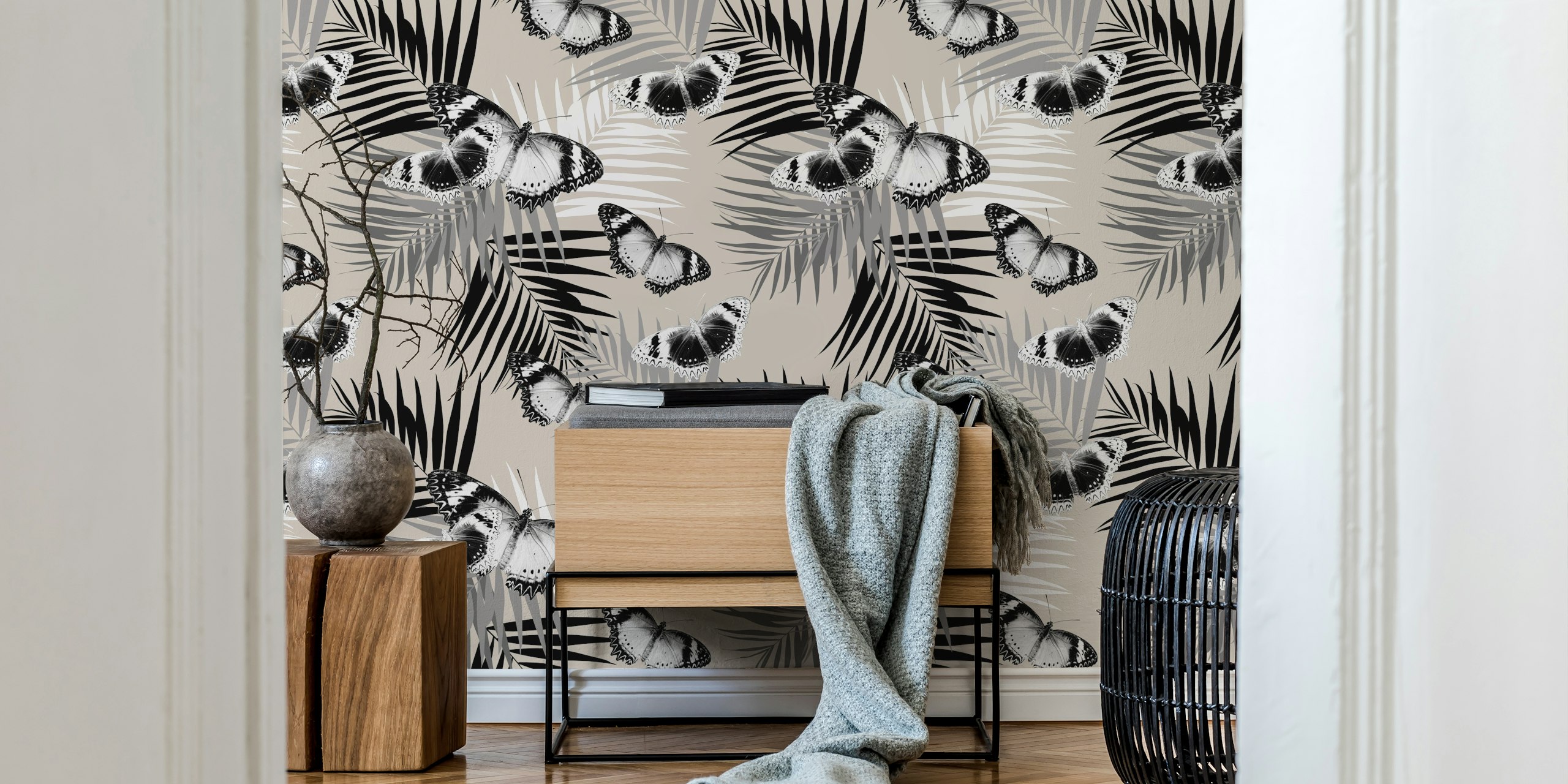 Tapeta Retro Summer Butterfly Palm Dream w pokoju