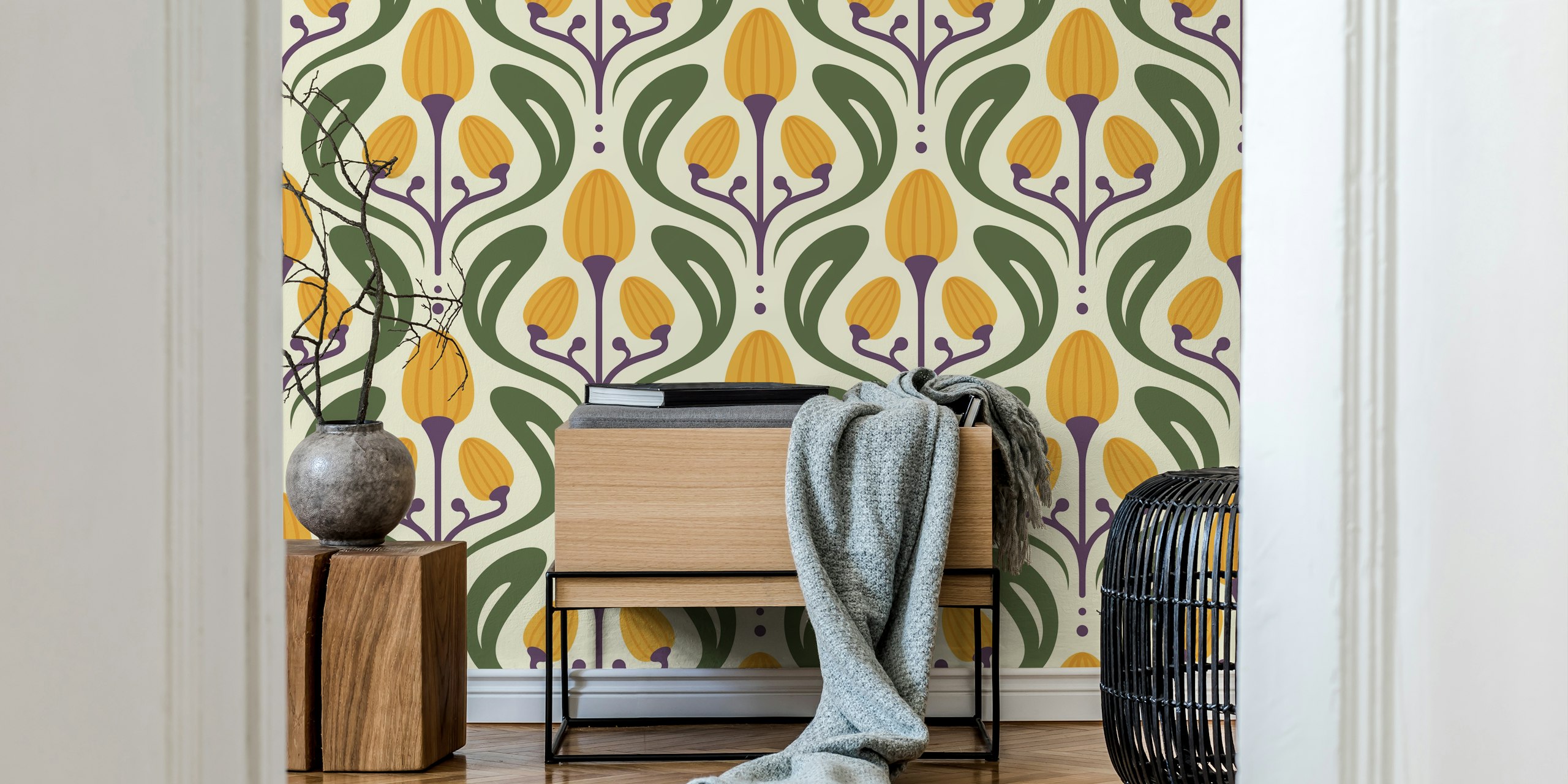 Yellow floral motifs with green leaves in vintage wallpaper