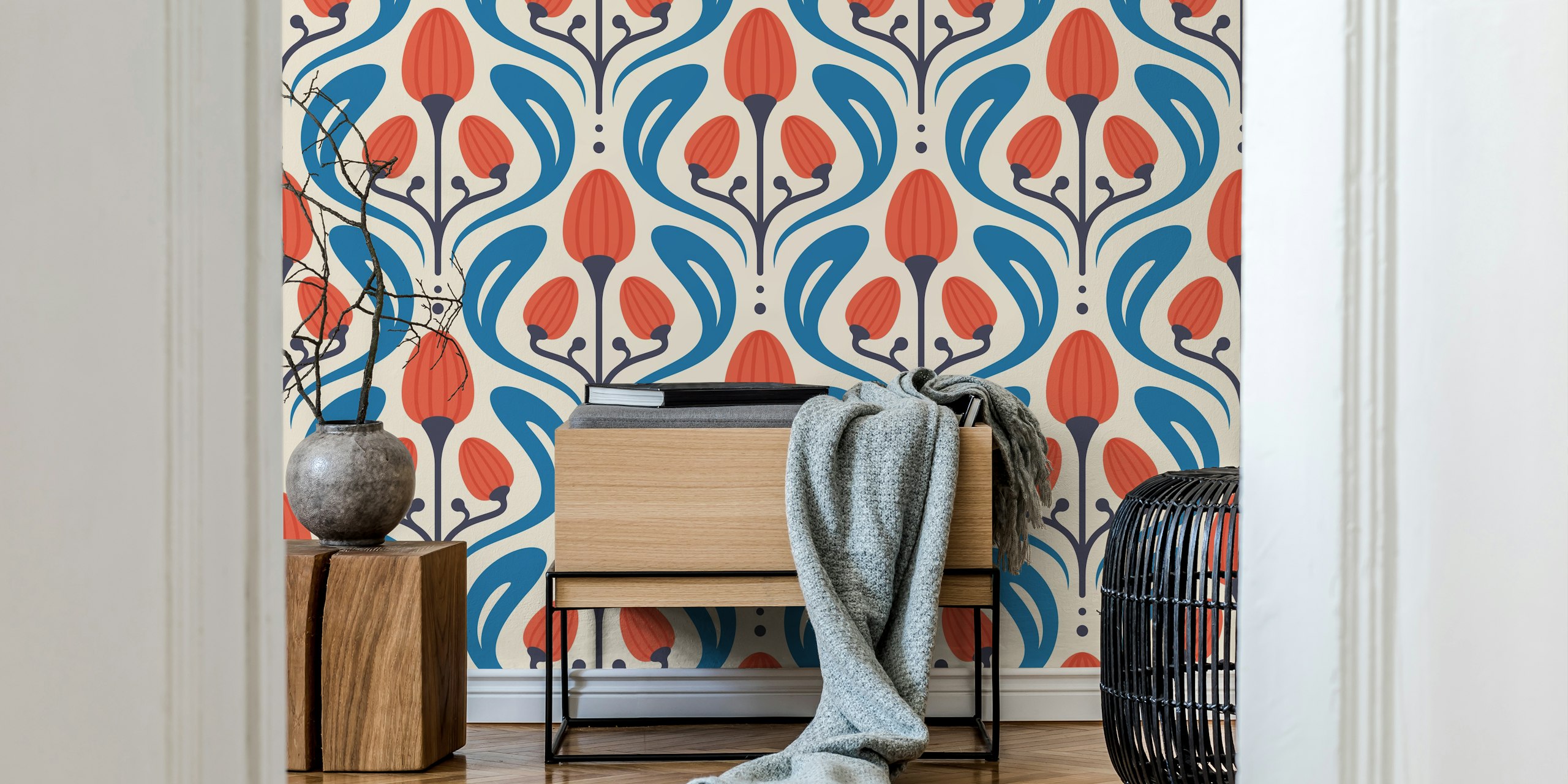 Floral motif with red flowers and blue leaves wallpaper