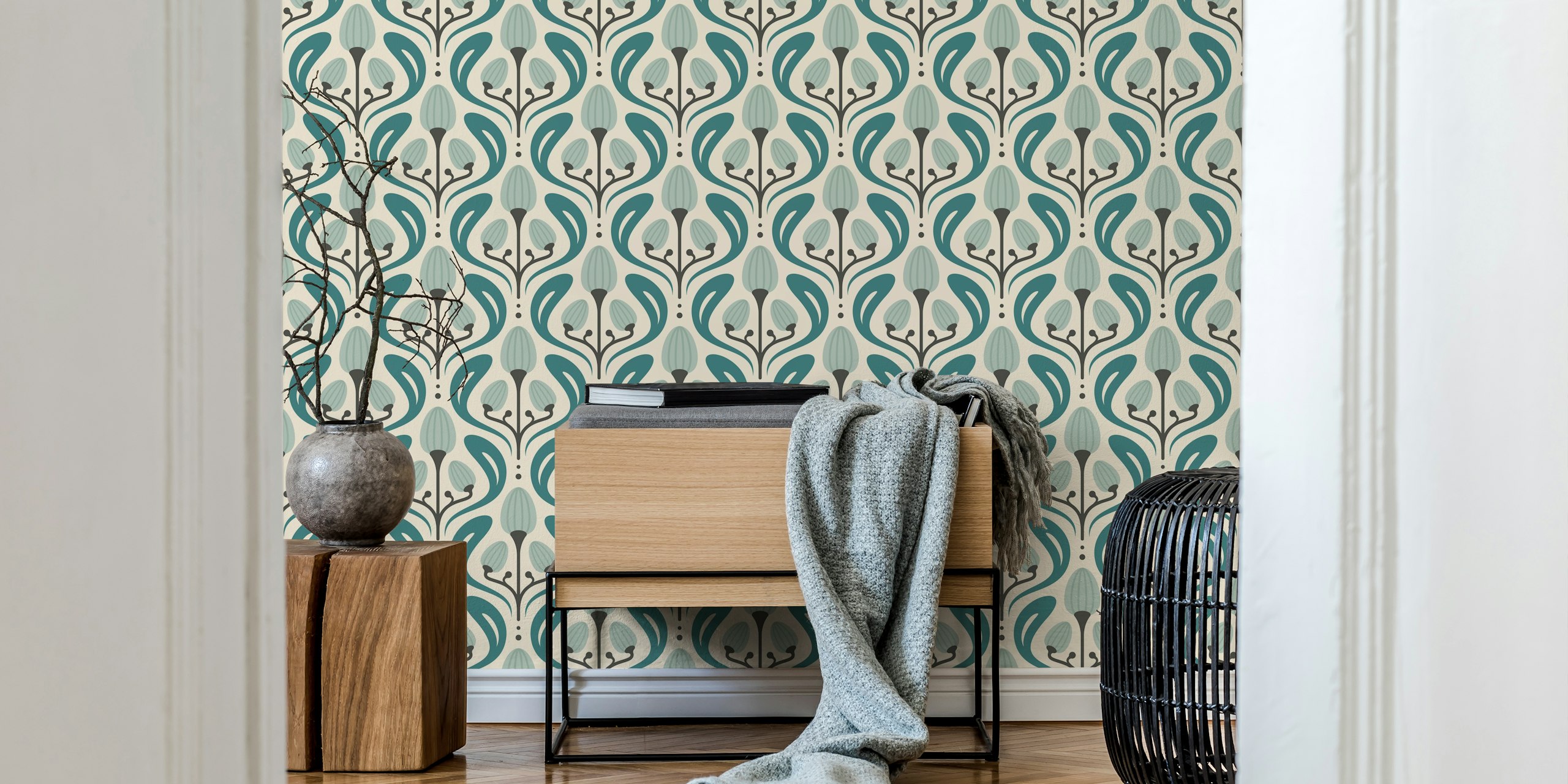 Artistic nature blooms in teal wallpaper design