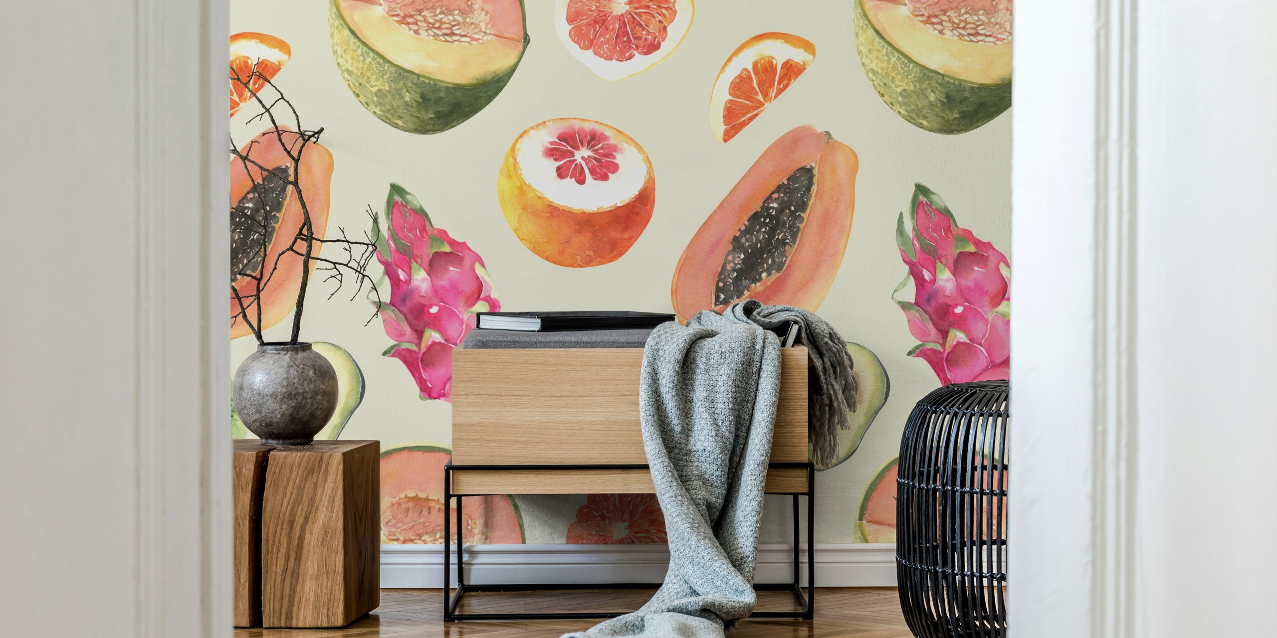 Watercolor exotic fruits wallpaper in a room