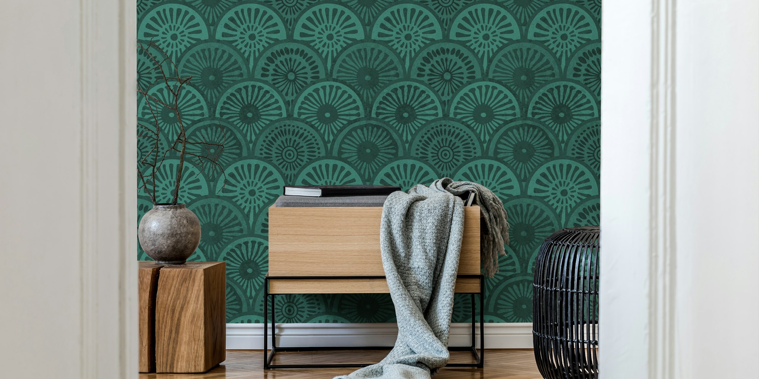 Emerald teal scallop shapes wallpaper in bohemian style
