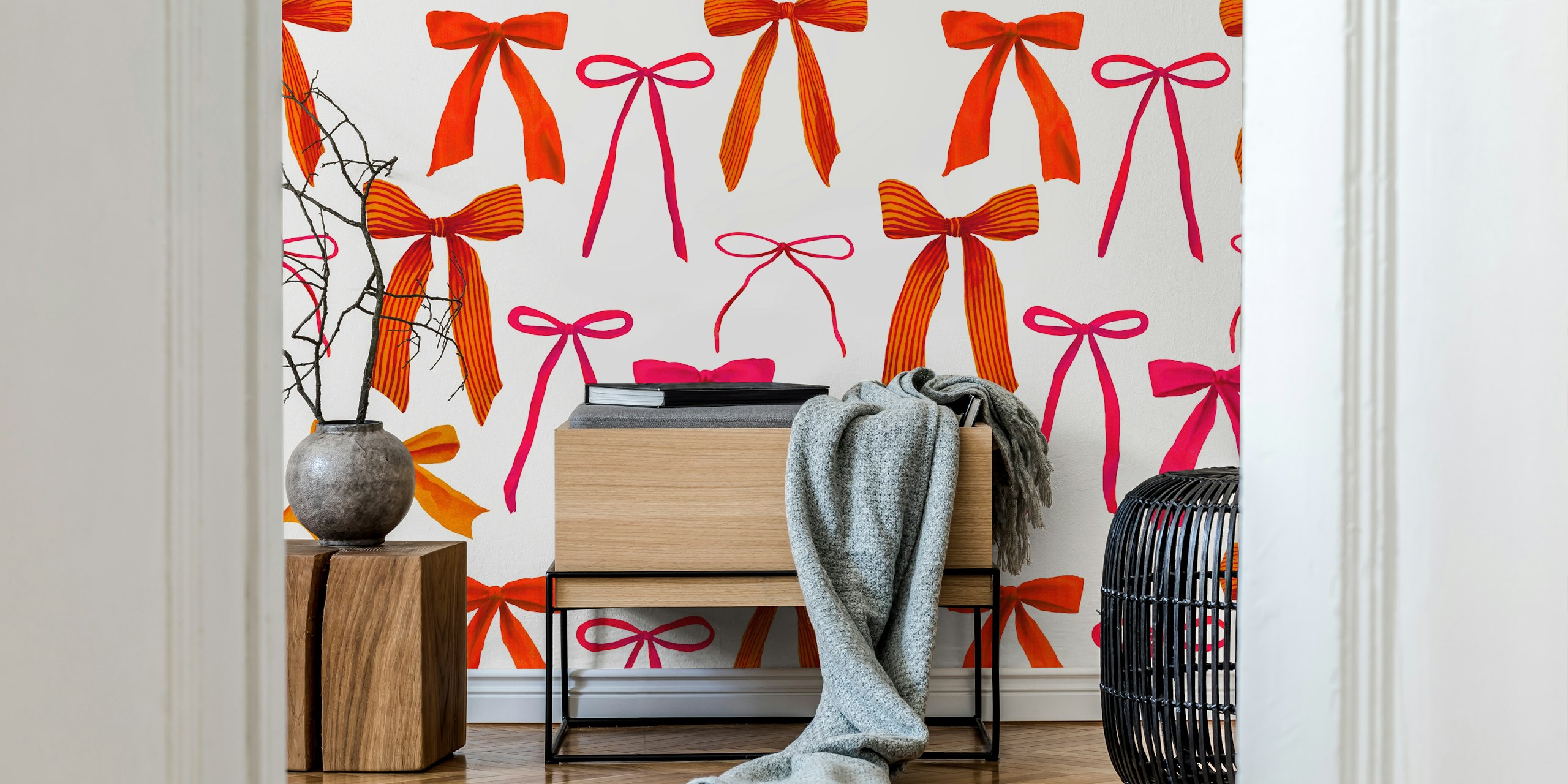 Colorful watercolor bow patterns in pink, orange, and yellow wallpaper