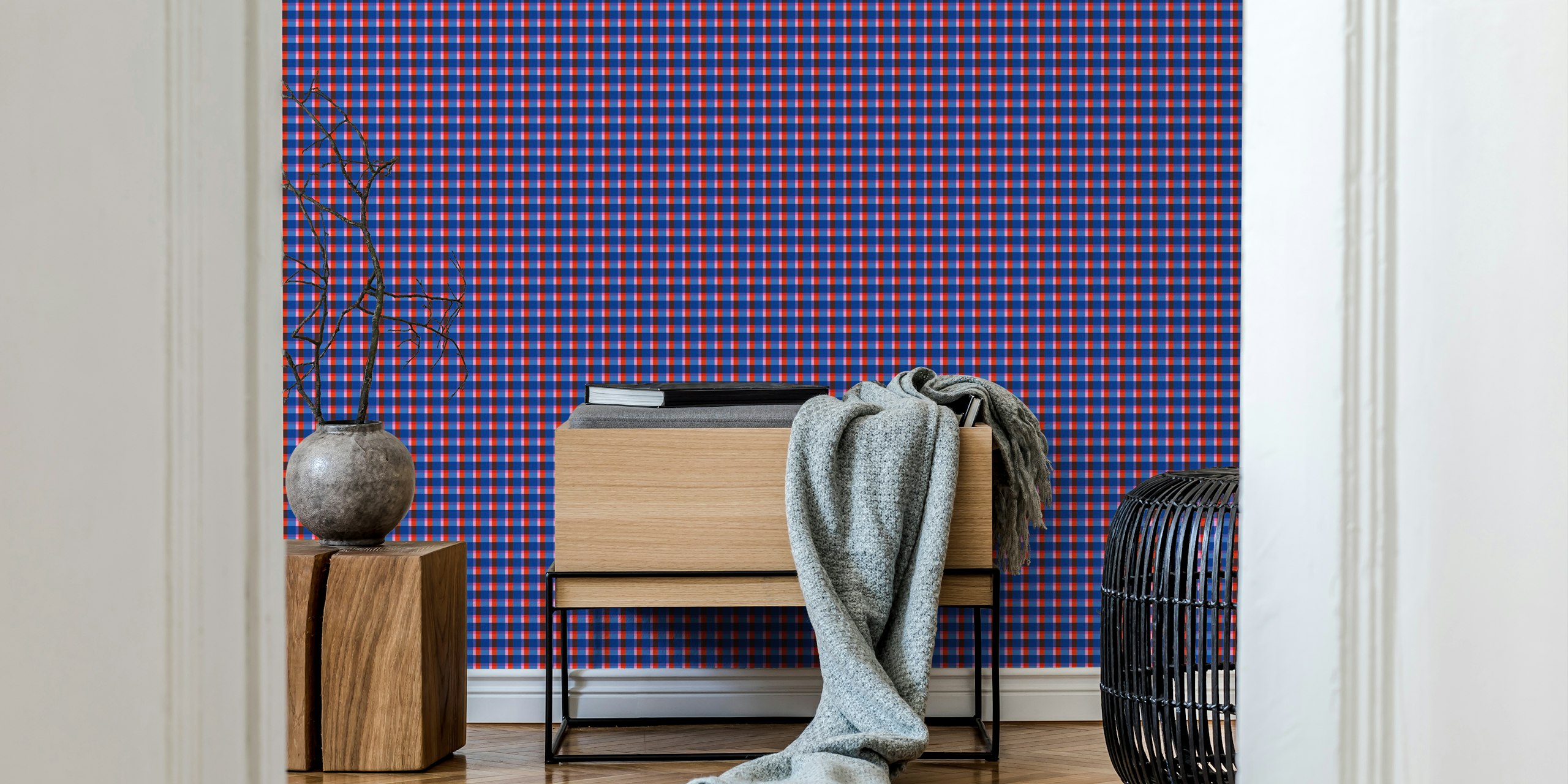 Bold plaid pattern in red and blue colors wallpaper
