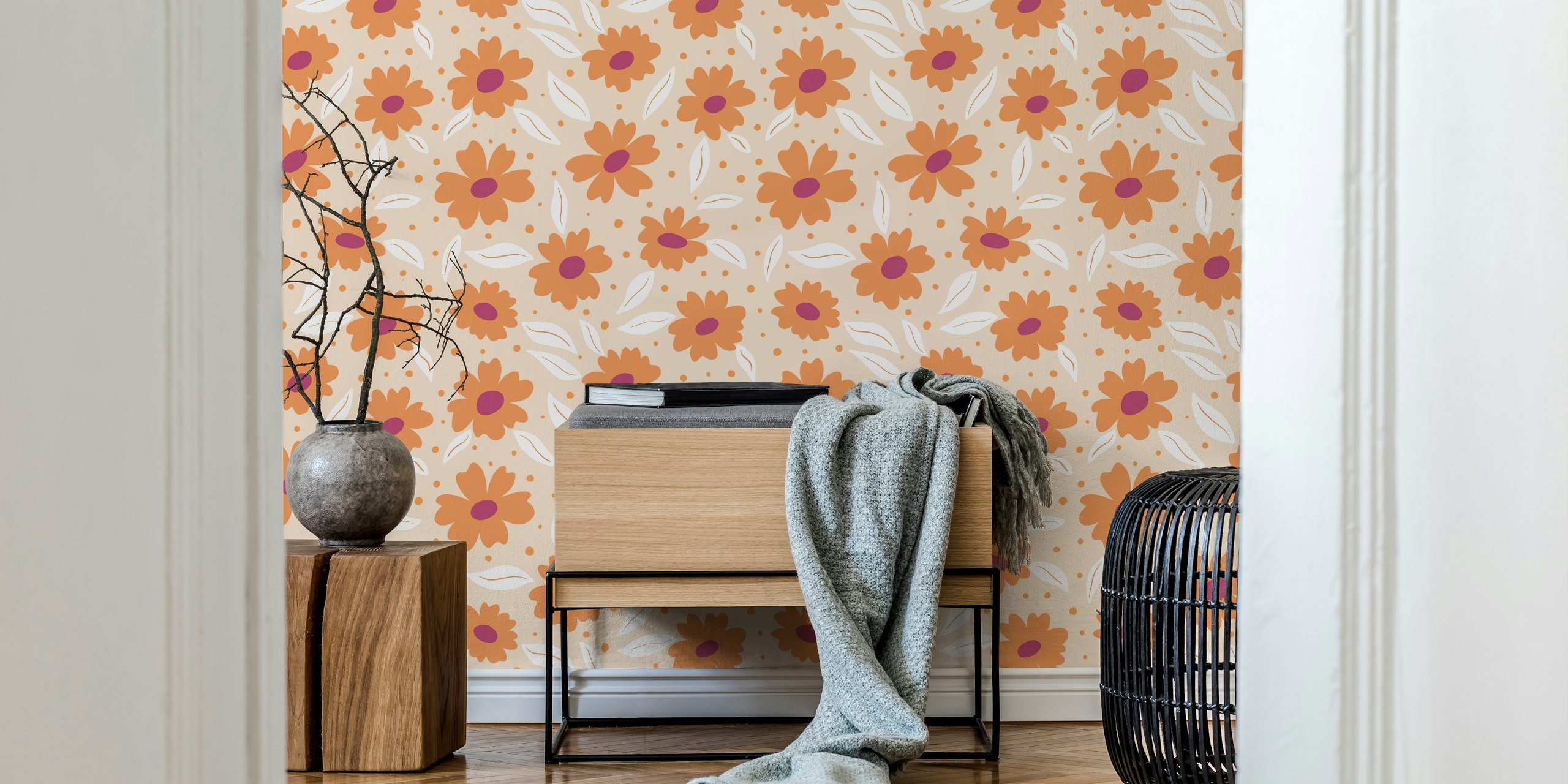 Orange floral pattern with leaves on a cream background wallpaper