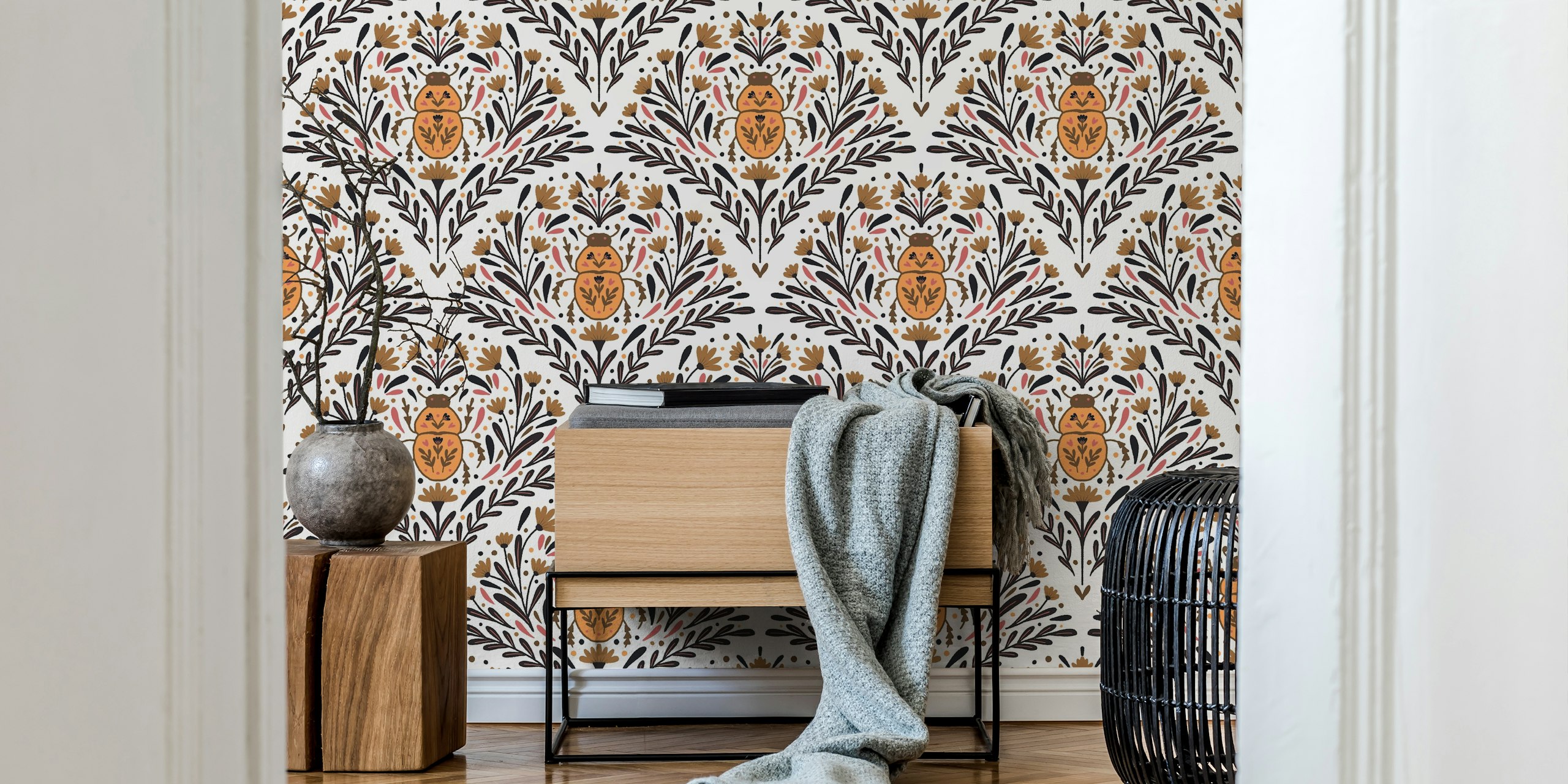 Bugs and flowers wallpaper in a room