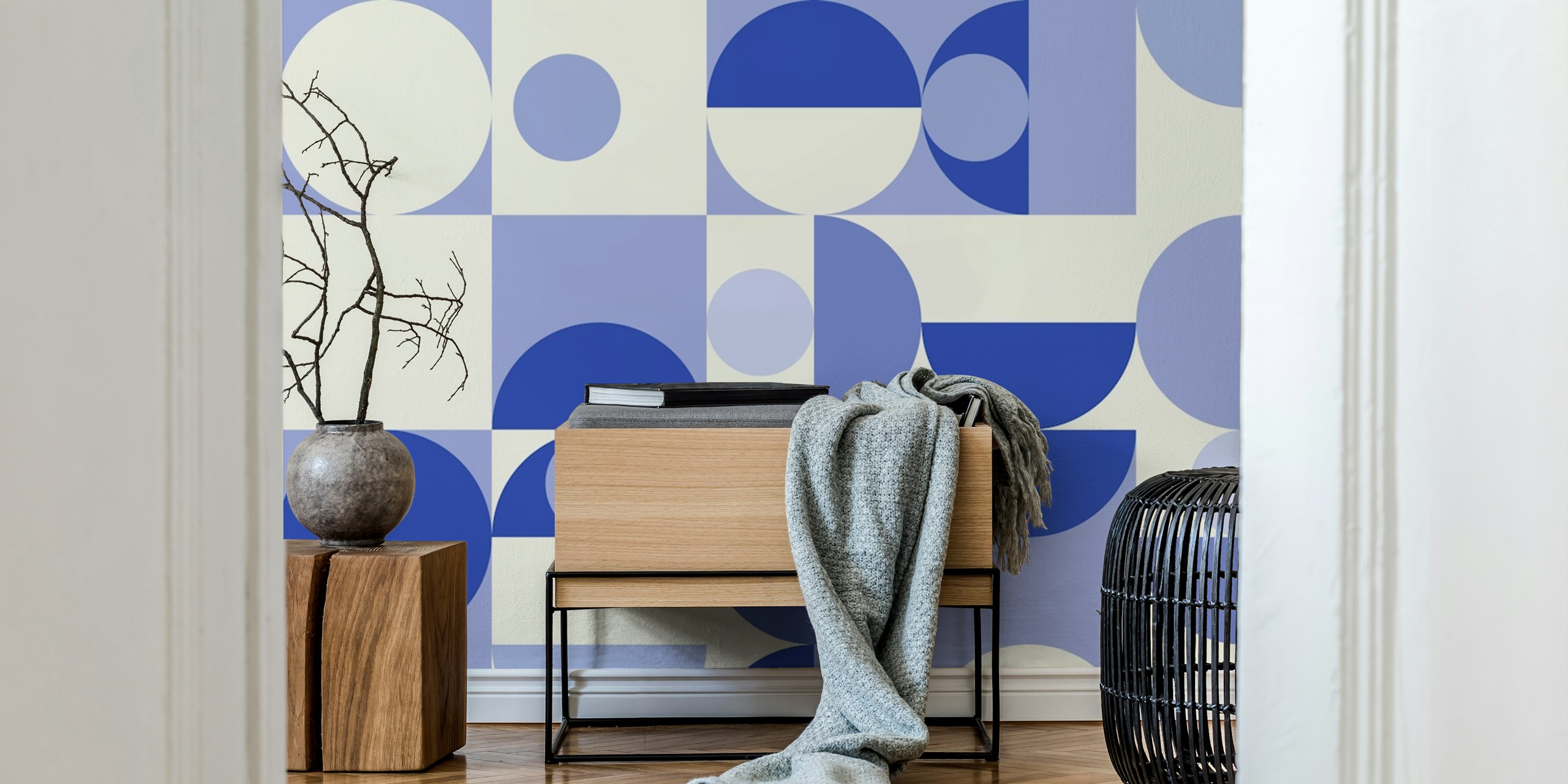 Bauhaus mid-century blue geometric wallpaper in a room