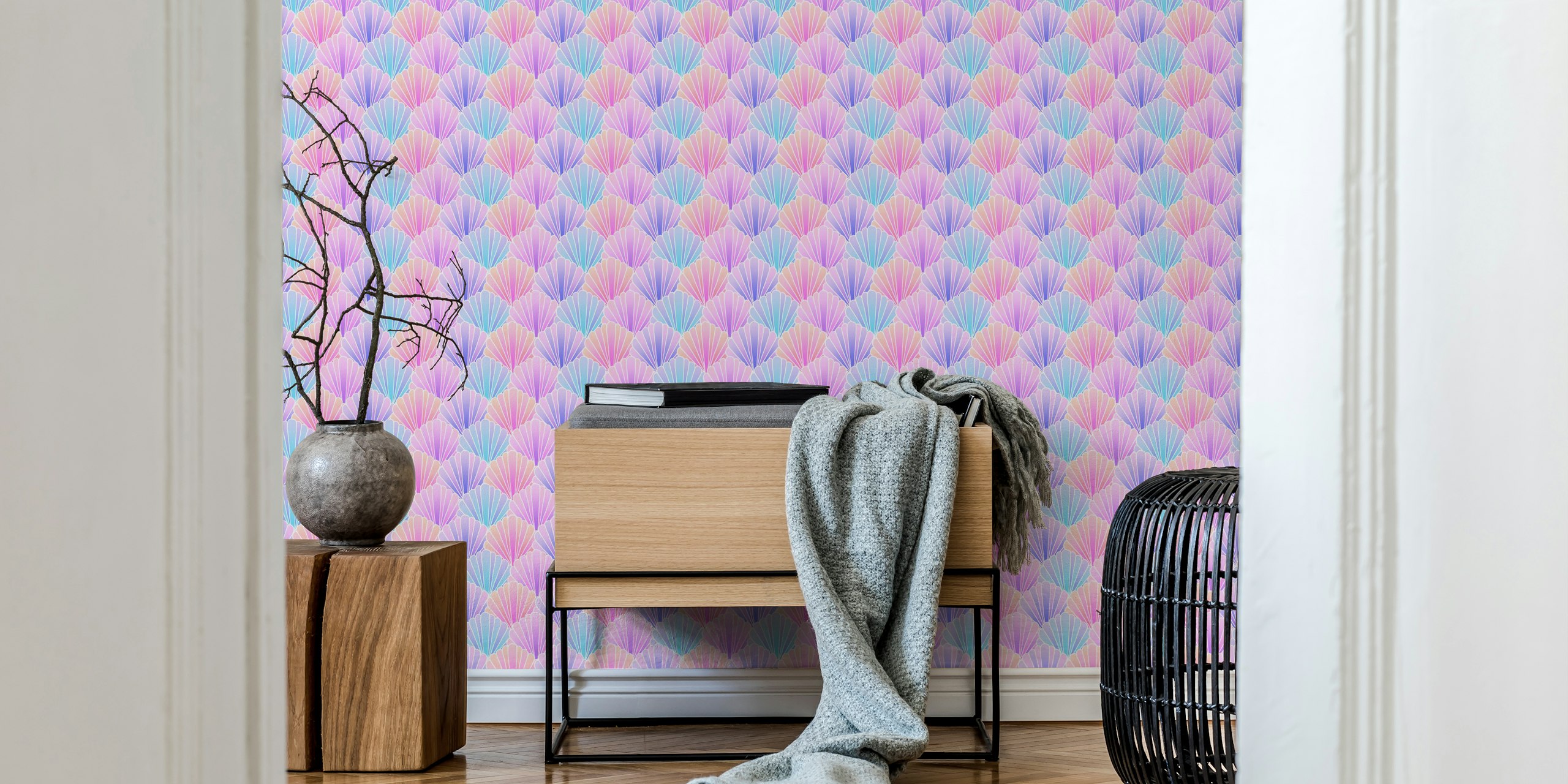 Pastel rainbow seashell scallop wallpaper in a room